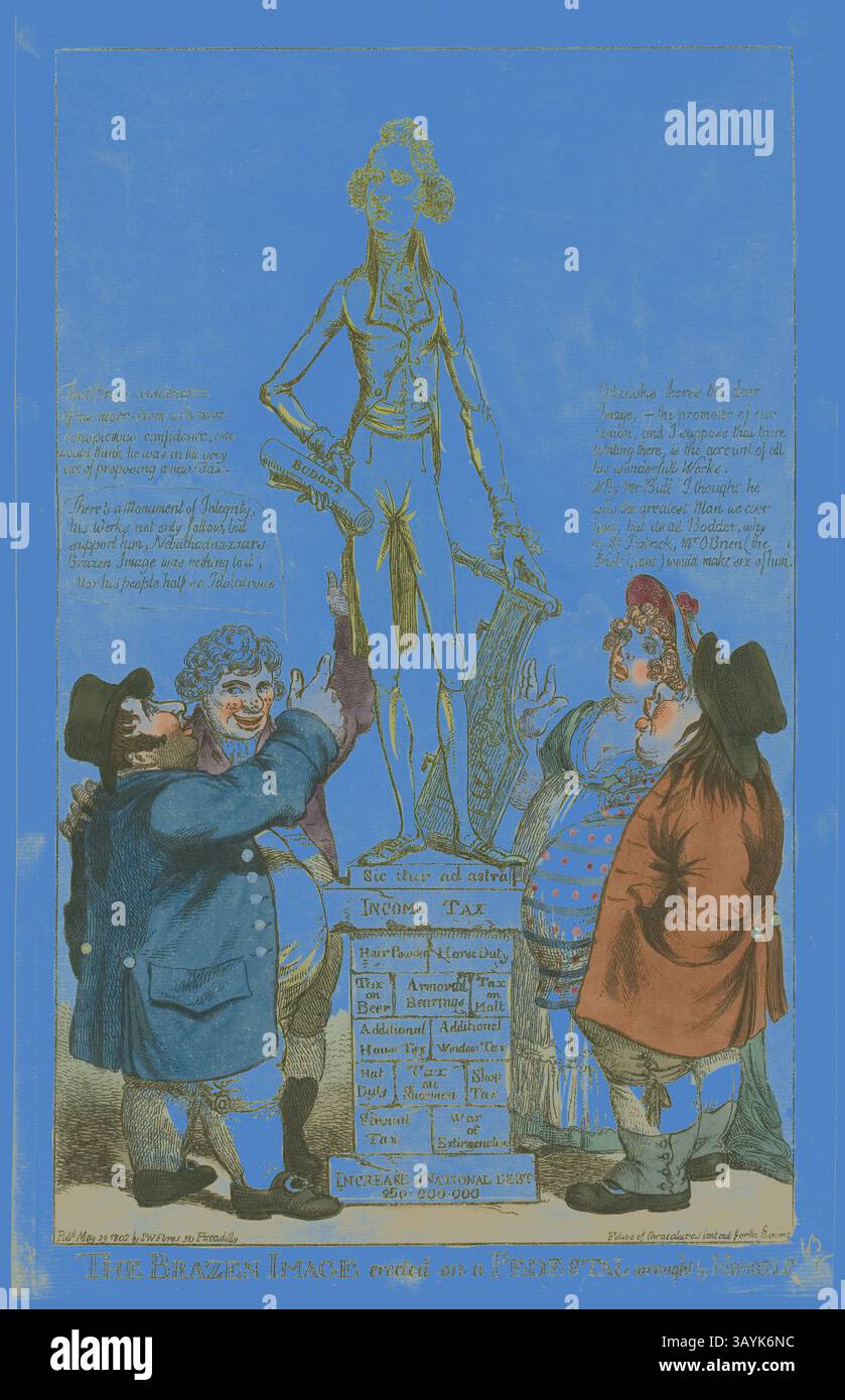 Una rappresentazione satirica di un gruppo di uomini che ammirano una statua che rappresenta l'imposta sul reddito, completa di caratteristiche esagerate ed espressioni umoristiche. La statua si erge su un piedistallo, etichettato con varie figure e iscrizioni, mentre i personaggi intorno ad essa si impegnano in una conversazione animata. La scena cattura un momento di critica sulla tassazione, mescolando fantasia con commenti sociali. The Brazen Image eretto su un piedistallo battuto da lui stesso, pubblicato il 29 maggio 1802, Charles Williams (inglese, attivo 1797-1830), pubblicato da S. W. Fores (inglese, attivo 1785-1825), Inghilterra, colore a mano Foto Stock