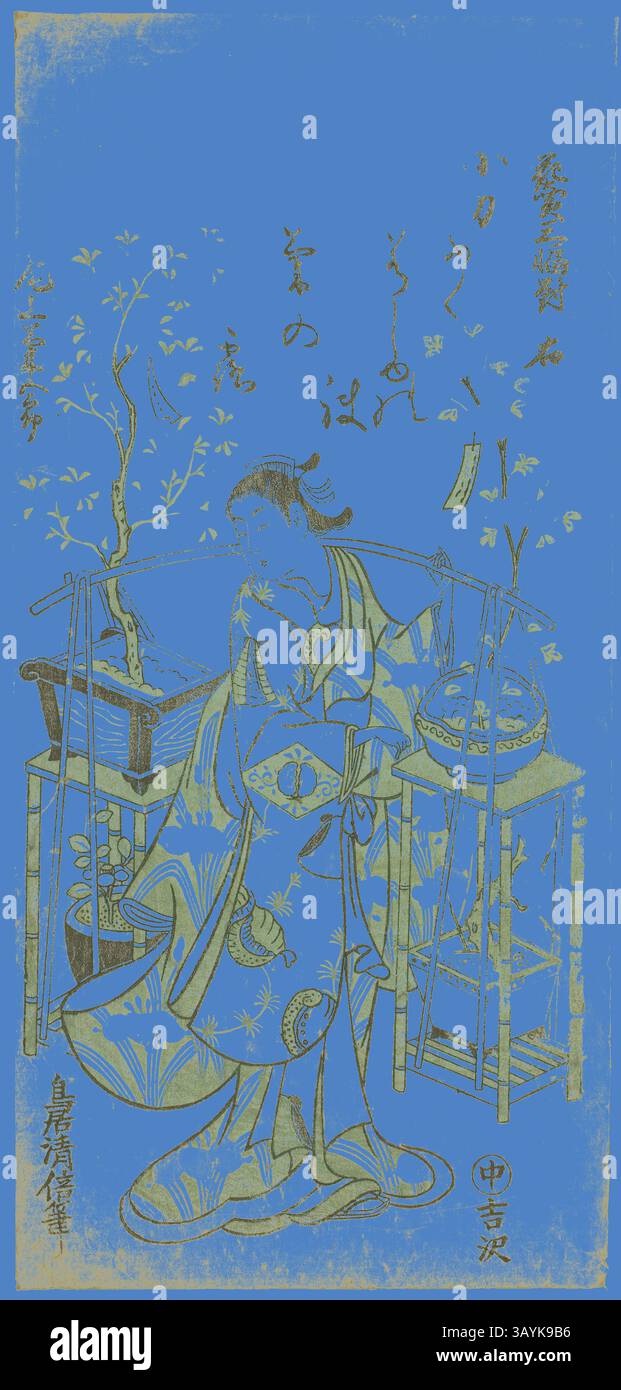 Una scena serena raffigura una donna vestita con un abbigliamento tradizionale, impegnata in una delicata forma d'arte. È circondata da strumenti ed elementi della natura, con un'elegante calligrafia che esalta l'atmosfera, riflettendo un ricco patrimonio culturale. The Actor Onoe Kikugoro i, Right sheet of Flower Vendor Triptych (Hanauri sanpukutsui), c. 1743, Torii Kiyomasu II, Japanese, 1706 (?)–1763 (?), Giappone, stampa a blocchi di legno a colori, hosoban, benizuri-e, 12 3/8 x 5 7/8 poll. Arte classica con un tocco moderno reinventata da Artotop Foto Stock