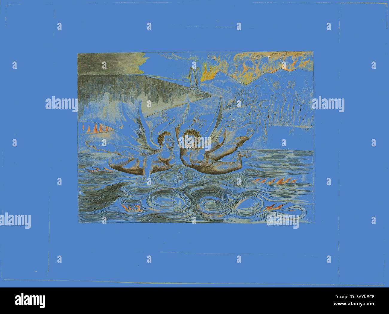 Due eteree figure con ali fluttuano graziosamente in cima a vorticose acque, raffigurando una scena piena di fantasia e movimento. Sullo sfondo, paesaggi suggestivi ed elementi infuocati creano un contrasto sorprendente, esaltando il senso di avventura e fascino mitico. Il Circolo degli ufficiali corrotti, i Diavoli si fanno strada a vicenda. Inferno, canto XXII., 1827, stampato c. 1892, William Blake, inglese, 1757-1827, Inghilterra, incisione colorata a mano su carta India, stilata su carta tessuta (chine colline), 240 x 330 mm (immagine), 78 x 354 mm (piastra), 392 x 537 mm (foglio) Arte classica con un tocco moderno Foto Stock