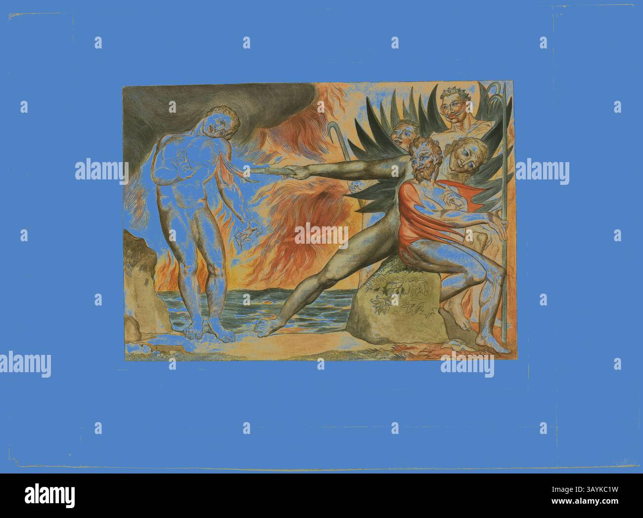 Una scena drammatica raffigura figure in un paesaggio tumultuoso, con una luce eterea che contrasta con fiamme scure e vorticose. Una figura sembra raggiungere, mentre altre esprimono una serie di emozioni, catturate tra il caos e una presenza serena. La composizione enfatizza la tensione e il conflitto tra luce e oscurità. Il Circolo degli ufficiali corrotti, i Diavoli tormentano Ciampolo. Inferno, canto XXII, 1827, stampato c. 1892, William Blake, inglese, 1757-1827, Inghilterra, incisione colorata a mano su carta India, stilata su carta tessuta (chine colline), 237 x 335 mm (immagine), 276 x 356 mm ( Foto Stock