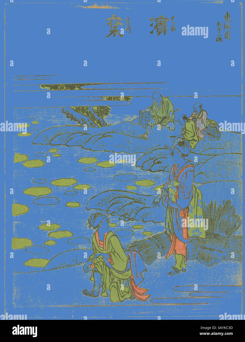 Una tranquilla scena lungo il fiume presenta figure impegnate in varie attività, tra cui due persone in piedi sul bordo dell'acqua, mentre altri si siedono nelle vicinanze, circondate da vegetazione lussureggiante e tappetini galleggianti. Delicati tratti di colore creano un'atmosfera tranquilla, riflettendo un momento di armonia tra le persone e la natura. Hamamatsu, dalla serie 53 stazioni del Tokaido (Tokaido gojusan tsugi), c. 1806, Katsushika Hokusai 葛飾 北斎, Japanese, 1760-1849, Japan, Color Woodblock print, chuban, circa Arte classica 24 x 18,3 cm con un tocco moderno reinventata da Artotop Foto Stock