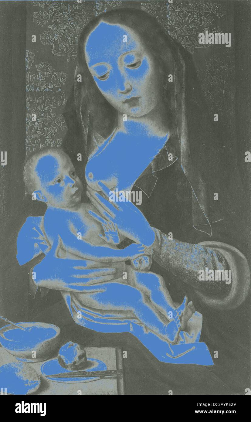Una rappresentazione serena di una madre che culla il suo bambino, con un'espressione graziosa sul suo viso. Il bambino guarda attentamente, mentre la scena è impreziosita da una sorprendente tonalità blu, aggiungendo un tocco di modernismo al tema classico dell'affetto materno. Vergine e bambino, 1520/50, olandese (Bruges), Bruges, olio su pannello, 46,7 x 31,3 cm (3/8 x 5/16 pollici) Arte classica con un tocco moderno reinventata da Artotop Foto Stock