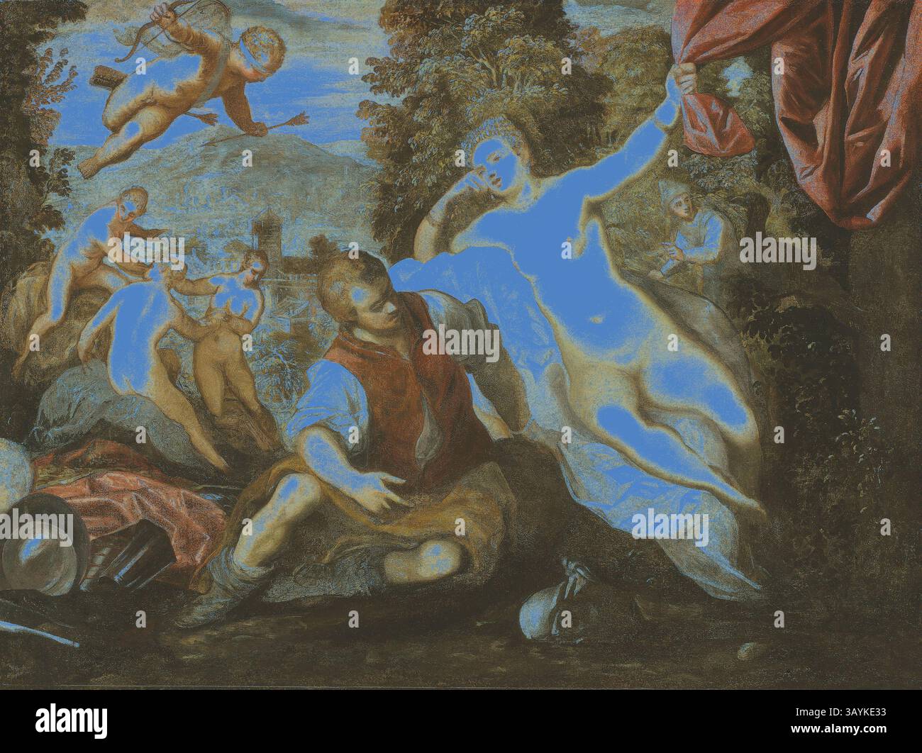 Una scena serena raffigura un incontro mitologico, con una figura in abiti che scorrono e che si scontrano con un uomo sdraiato, mentre esseri eterei si librano sullo sfondo. Il paesaggio è rigoglioso, a complemento delle espressioni e dei movimenti drammatici dei personaggi. Venere e Marte con Cupido e le tre Grazie in un paesaggio, 1590/95, Domenico Tintoretto, italiano, 1560-1635, Tintoretto, italiano, 1518-1594, laboratorio di Tintoretto, italiano, 1518-1594, Italia, olio su tela, 106,5 x 142,8 cm (41 7/8 x 56 1/4 pollici) Arte classica con un tocco moderno reinventata da Artotop Foto Stock