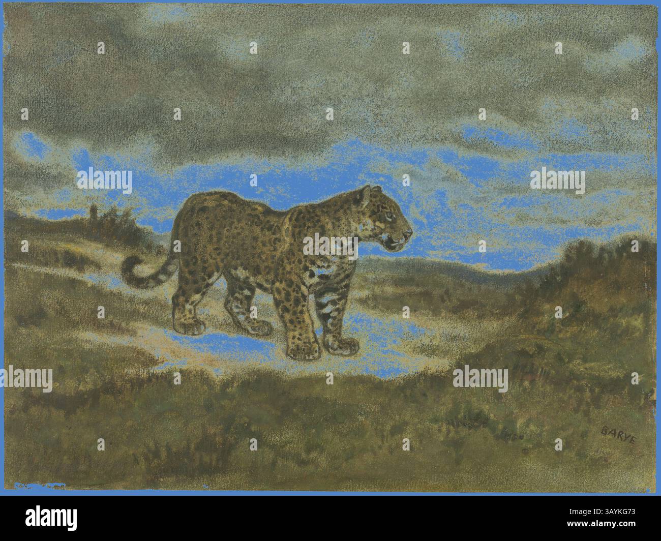 Un maestoso giaguaro cammina attraverso un paesaggio aspro, la sua forma potente è evidenziata contro un cielo spettacolare. La scena cattura un momento di bellezza selvaggia, mescolando toni terrosi con lo sfondo vivido delle nuvole. Jaguar Standing, 1830/50, Antoine Louis Barye, francese, 1795-1875, Francia, acquerello, con pastello nero, tocchi di gouache e pulizia, su carta panna, posata su carta giapponese, 250 x 335 mm arte classica con un tocco moderno reinventata da Artotop Foto Stock
