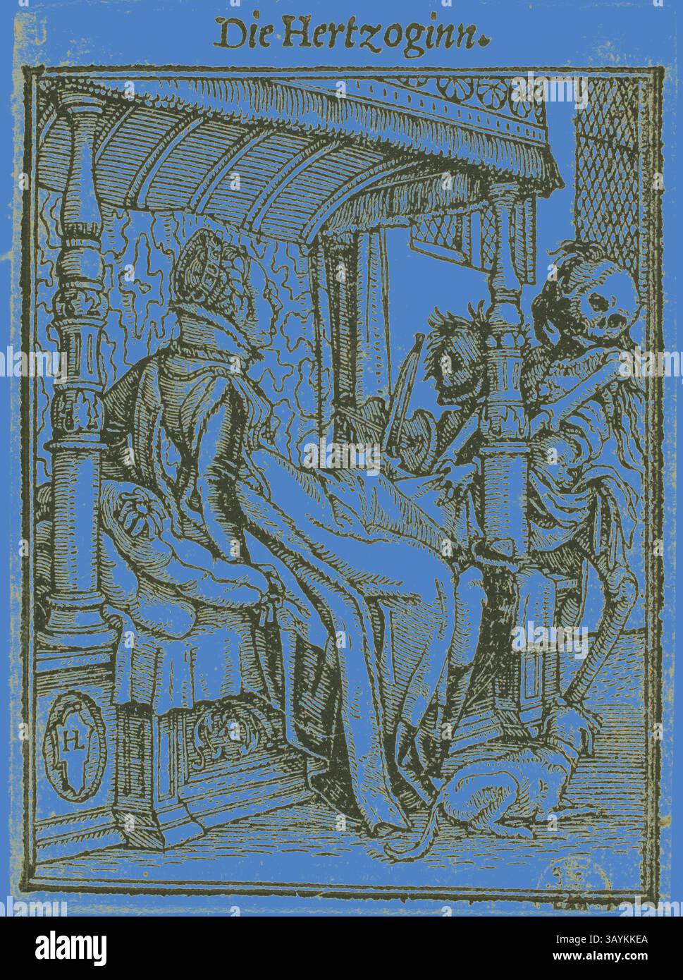 Una scena cupa raffigurante una figura storica sdraiata in un ambiente sontuoso accanto a una figura scheletrica, che simboleggia l'inevitabilità della morte. Gli elementi contrastanti di opulenza e mortalità creano una narrazione stimolante sulla vita e sul passare del tempo. La duchessa, prima del 1526, Hans Holbein, il giovane, tedesco, 1497-1543, Germania, Woodcut su carta, 66 x 49 mm Arte classica con un tocco moderno reinventata da Artotop Foto Stock