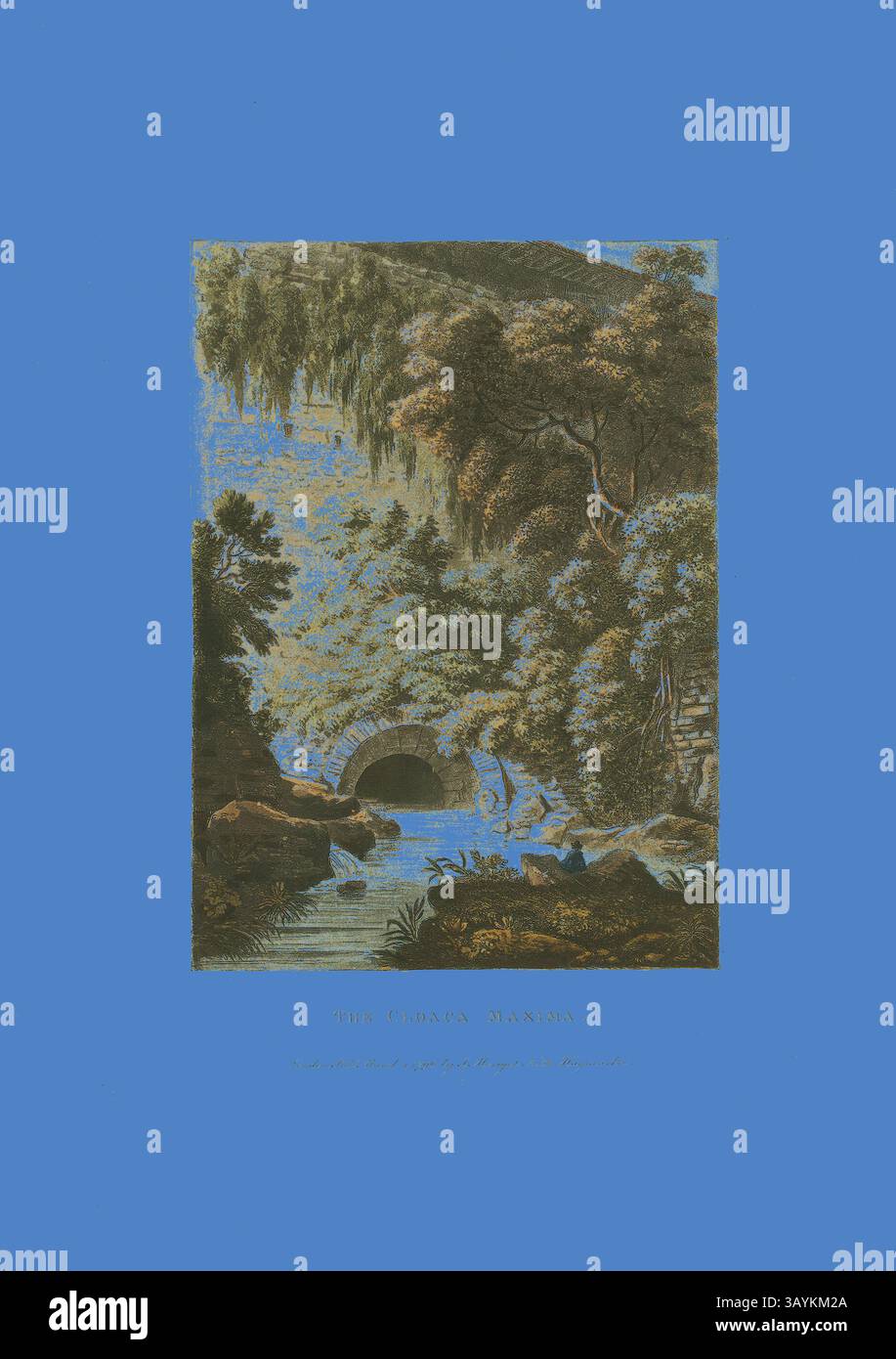 Un tranquillo paesaggio caratterizzato da un ruscello che scorre, vegetazione lussureggiante e da un lontano arco incastonato tra colline, invitante contemplazione della tranquillità della natura. The Cloaca Maxima, piatto tre da rovine di Roma, pubblicato il 1 marzo 1796, M. Dubourg, Active 1786-1838), pubblicato da J. Merigot (Italiano, sconosciuto), Inghilterra, acquatinta colorata a mano su carta, 448 x 330 mm (foglio) Arte classica con un tocco moderno reinventata da Artotop Foto Stock