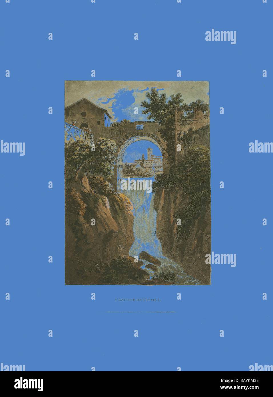 Un pittoresco paesaggio caratterizzato da una cascata che scorre sotto un ponte ad arco, circondato da vegetazione lussureggiante e da edifici pittoreschi, a creare un'atmosfera serena e tranquilla. Cascata di Tivoli, tavola trentanove dalle rovine di Roma, pubblicata il 1 febbraio 1798, M. Dubourg, Active 1786-1838), pubblicato da J. Merigot (Italiano, sconosciuto), Inghilterra, acquatinta colorata a mano su carta, 448 x 330 mm (foglio) Arte classica con un tocco moderno reinventata da Artotop Foto Stock