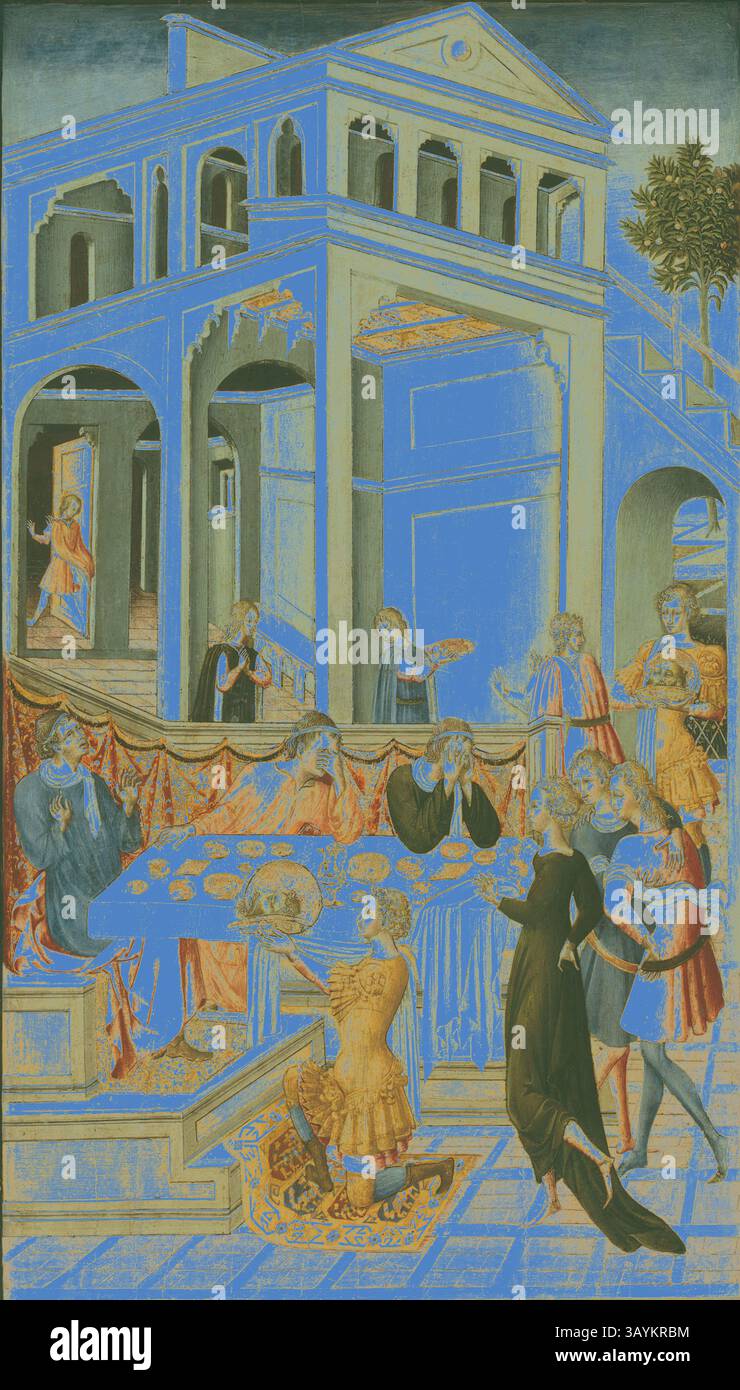 Si apre una scena regale per banchetti, con figure elegantemente vestite riunite intorno a un sontuoso tavolo adornato da una vasta gamma di piatti. Un personaggio centrale si inginocchia in omaggio, mentre altri osservano e si impegnano in una conversazione, ambientata su uno sfondo architettonicamente impressionante. L'atmosfera trasuda un senso di celebrazione e interazione sociale tra i partecipanti. Il capo di San Giovanni Battista portato davanti a Erode, 1455/60, Giovanni di Paolo, italiano, 1398–1482, Italia, Tempera su pannello, 68,5 x 40,2 cm (27 x 15 13/16 poll.), superficie verniciata: 66,1 x 38,1 cm (26 1/32 x 15 poll.) Arte classica con un moderno Foto Stock