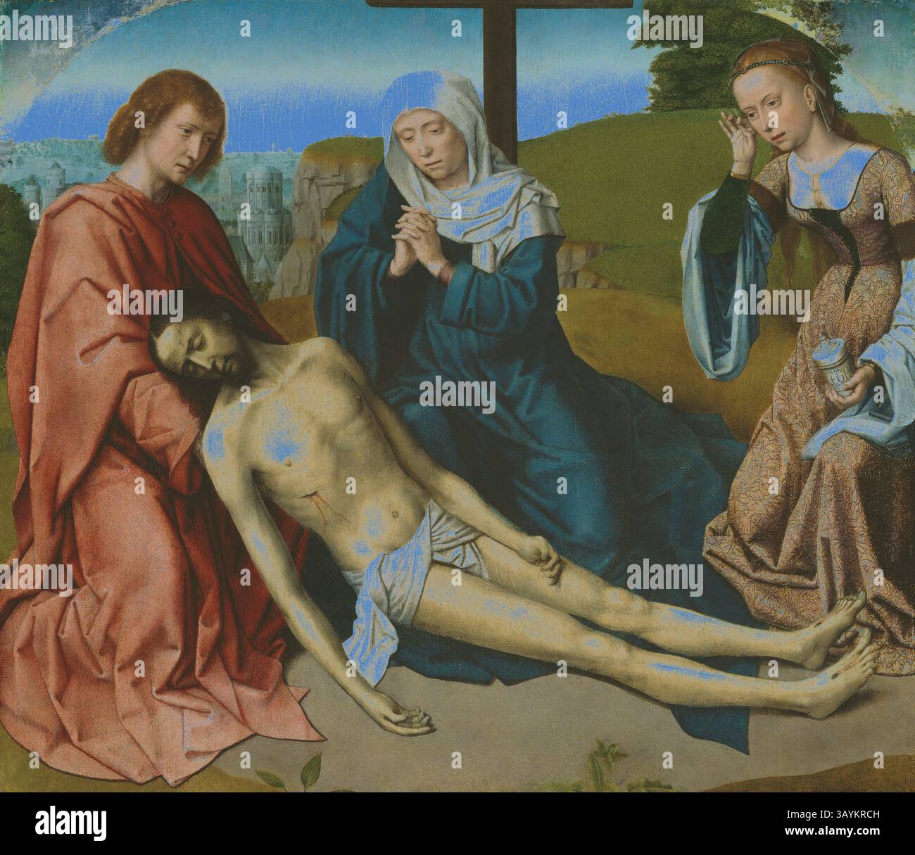 Una scena commovente raffigura il lutto di Cristo dopo la crocifissione, circondato dalla Vergine Maria, San Giovanni e da una donna in lutto. Le loro espressioni trasmettono profondo dolore e riflessione, catturando il profondo peso emotivo del momento. Lo sfondo presenta un paesaggio sereno che esalta la solennità dell'incontro. Lamentation Over the Body of Christ, c. 1500, Gerard David, fiammingo, c. 1460–1523, paesi Bassi, olio su pannello, 55,1 x 62,8 cm (21 1/2 x 24 1/2 poll.) Arte classica con un tocco moderno reinventata da Artotop Foto Stock