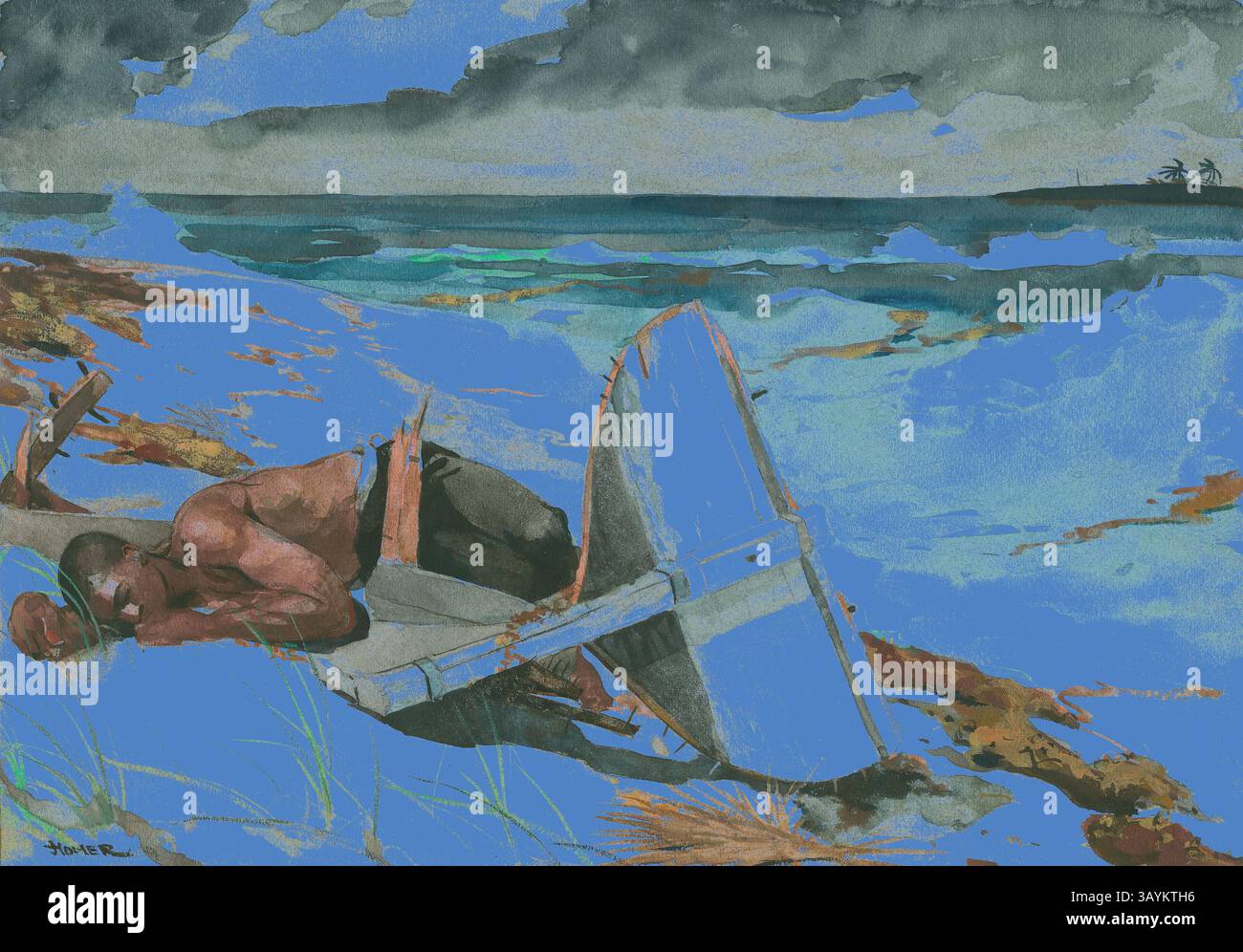 Una figura solitaria si sdraia contro un macchinario rotto su una spiaggia, circondata da acque blu vibranti e dal profilo lontano degli alberi. Il cielo è pieno di nuvole spettacolari, creando un netto contrasto con le serene onde oceaniche. Dopo l'uragano, Bahamas, 1899, Winslow Homer, americano, 1836-1910, Stati Uniti, acquerello trasparente, con tocchi di acquerello opaco, rebagnatura, blotting e raschiatura, su grafite, su spessore moderato, texture moderata (texture twill sul verso), carta tessuta avorio, 380 x 543 mm arte classica con un tocco moderno reinventata da Artotop Foto Stock