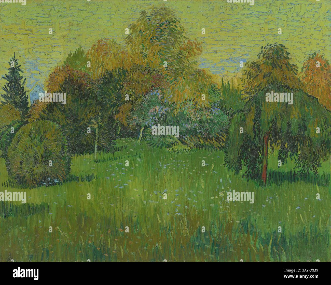 Un paesaggio vibrante pieno di vegetazione lussureggiante e una varietà di alberi, che mostra una serena e armoniosa miscela di colori, con sentori di fiori in fiore sparsi per l'erba. Il cielo irradia una tonalità calda, esaltando l'atmosfera tranquilla della bellezza della natura. The Poet’s Garden, 1888, Vincent van Gogh, olandese, 1853-1890, paesi Bassi, olio su tela, 28 3/4 x 36 1/4 poll. (73 x 92,1 cm) arte classica con un tocco moderno reinventata da Artotop Foto Stock