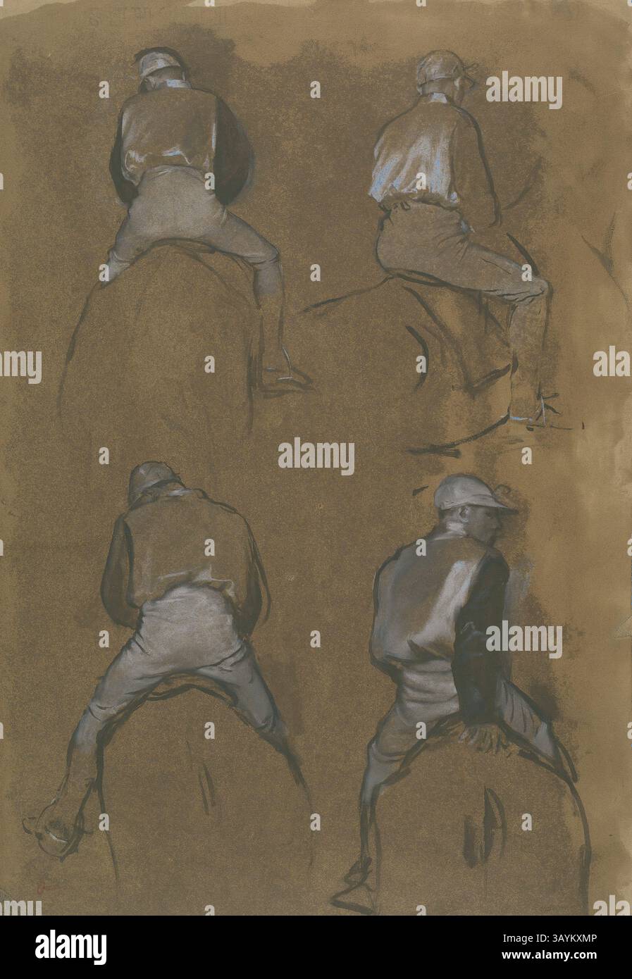 Una serie di bozzetti raffiguranti una figura in diverse posizioni a cavallo, mostrando pose dinamiche e l'interazione tra il pilota e il monte. L'attenzione è rivolta alla silhouette e all'abbigliamento del pilota, sottolineando il movimento e la forma. Four Studies of a Jockey, 1866, Edgar Degas, francese, 1834-1917, Francia, spazzola con inchiostro nero, vernice a olio e gouache bianco, su carta tessuta marrone scolorita con essenza marrone, posata su tavola panna, 453 x 316 mm arte classica con un tocco moderno reinventata da Artotop Foto Stock