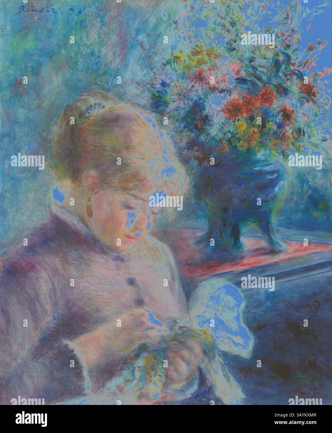 Una giovane donna cucita meticolosamente un pezzo di tessuto, la sua concentrazione evidente mentre lavora in uno spazio luminoso e sereno adornato da un vaso colorato di fiori sullo sfondo. I colori tenui creano un'atmosfera da sogno, mettendo in risalto sia le sue delicate caratteristiche che la bellezza dell'ambiente circostante. Young Woman Sewing, 1879, Pierre-Auguste Renoir, francese, 1841-1919, Francia, olio su tela, 61,4 x 50,5 cm (24 3/16 x 19 7/8 poll.) Arte classica con un tocco moderno reinventata da Artotop Foto Stock