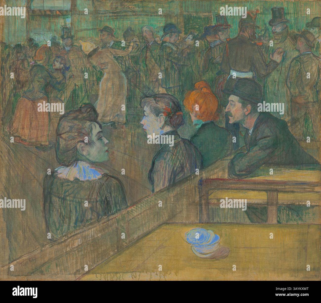 Una vivace sala da ballo cattura un'atmosfera vivace, con coppie che si girano per terra e un gruppo di spettatori impegnati in una conversazione. L'ambientazione trasmette un senso di intrattenimento e interazione sociale, evidenziato dai diversi stili di abbigliamento del periodo. Moulin de la Galette, 1889, Henri de Toulouse-Lautrec, francese, 1864-1901, Francia, olio su tela, 35 7/8 x 39 5/8 poll. (88,5 x 101,3 cm) arte classica con un tocco moderno reinventata da Artotop Foto Stock