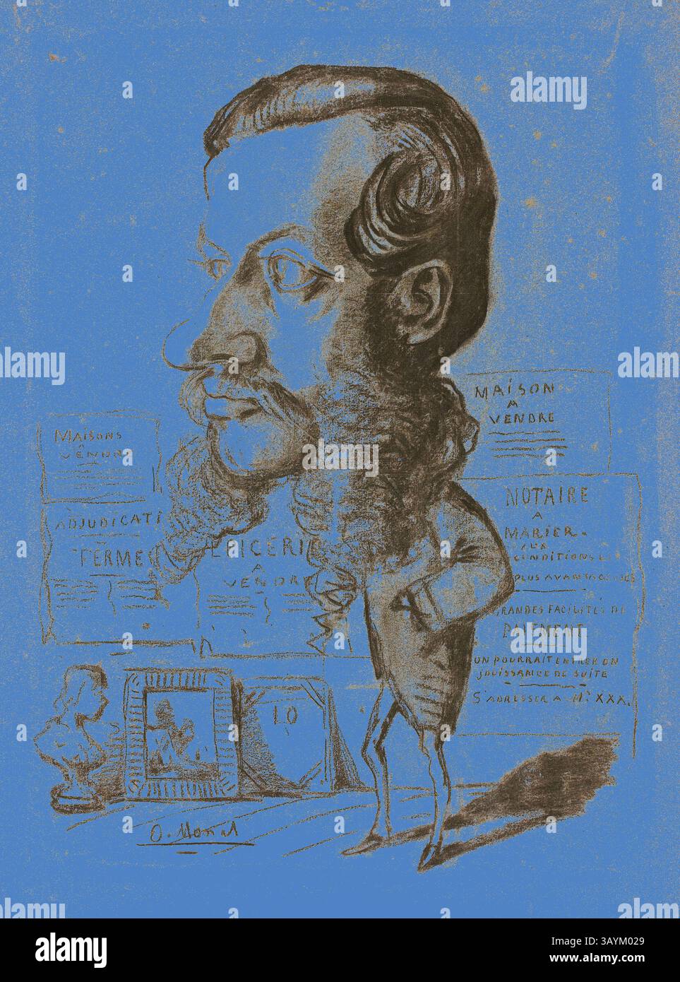 Una caricatura di una figura distinta con una barba prominente e un profilo esagerato, adagiata su uno sfondo blu brillante, circondata da vari testi scritti a mano e illustrazioni relative al patrimonio immobiliare e al matrimonio. Caricatura di Léon Manchon, c. 1858, Claude Monet, francese, 1840-1926, Francia, carbone, con intaglio e accresciuto con gesso bianco, su carta blu (parzialmente scolorita in grigio giallastro), 612 x 452 mm arte classica con un tocco moderno reinventata da Artotop Foto Stock