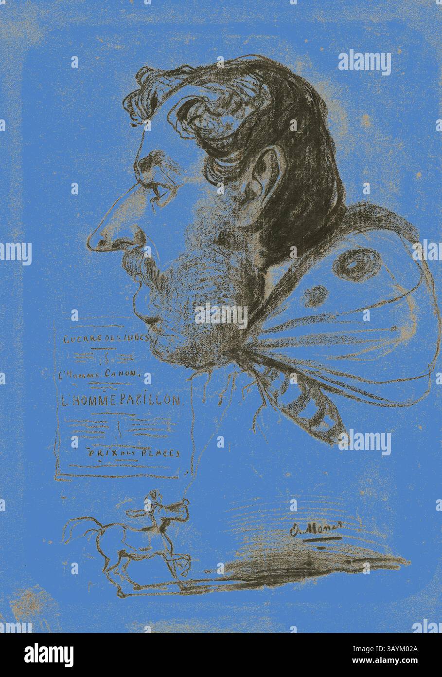 Un'illustrazione stravagante che mostra il profilo di un uomo con ali a farfalla, su uno sfondo blu vivace. Sotto la figura, un piccolo galoppino di cavallo, aggiungendo un tocco di movimento giocoso alla scena. Gli elementi di testo fanno riferimento a temi di trasformazione e identità. Caricatura di Jules Didier (Butterfly Man), c. 1858, Claude Monet, francese, 1840-1926, Francia, carbone, accresciuto di gesso bianco, con macchie, su carta blu posata (scolorita in marrone chiaro), 616 x 436 mm arte classica con un tocco moderno reinventata da Artotop Foto Stock