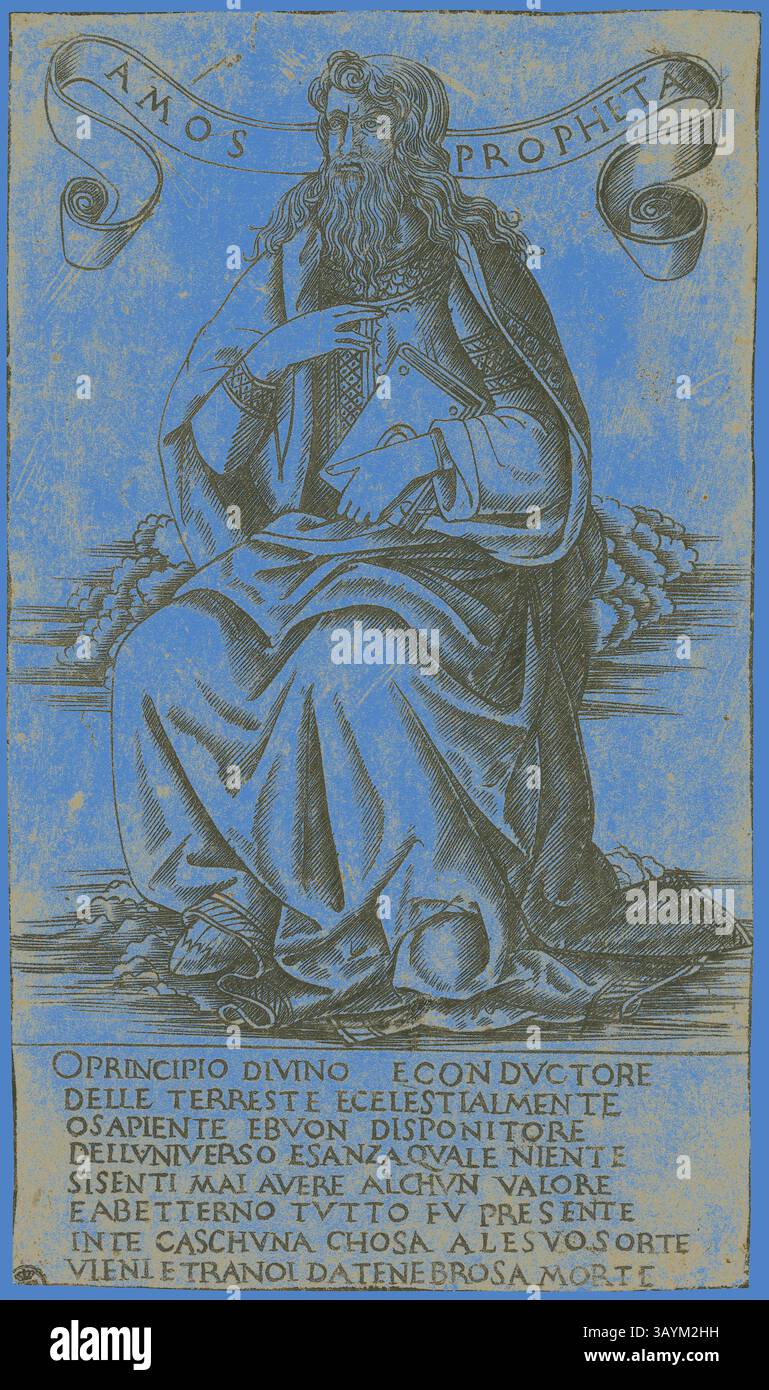 Una figura saggia, spesso raffigurata con capelli lunghi e barba, seduta e in mano una tavoletta, incarna l'essenza della profezia e della saggezza divina. Sotto, un'iscrizione evidenzia temi della creazione e dell'esistenza, invocando un senso di contemplazione spirituale. La figura trasuda un'aura di autorità e contemplazione, circondata da ornati elementi decorativi. Il profeta Amos, 1480/90, attribuito a Francesco Rosselli, italiano, 1448-prima del 1513, Italia, incisione su carta, 173 x 101 (foglio) grafica classica con un tocco moderno reinventata da Artotop Foto Stock