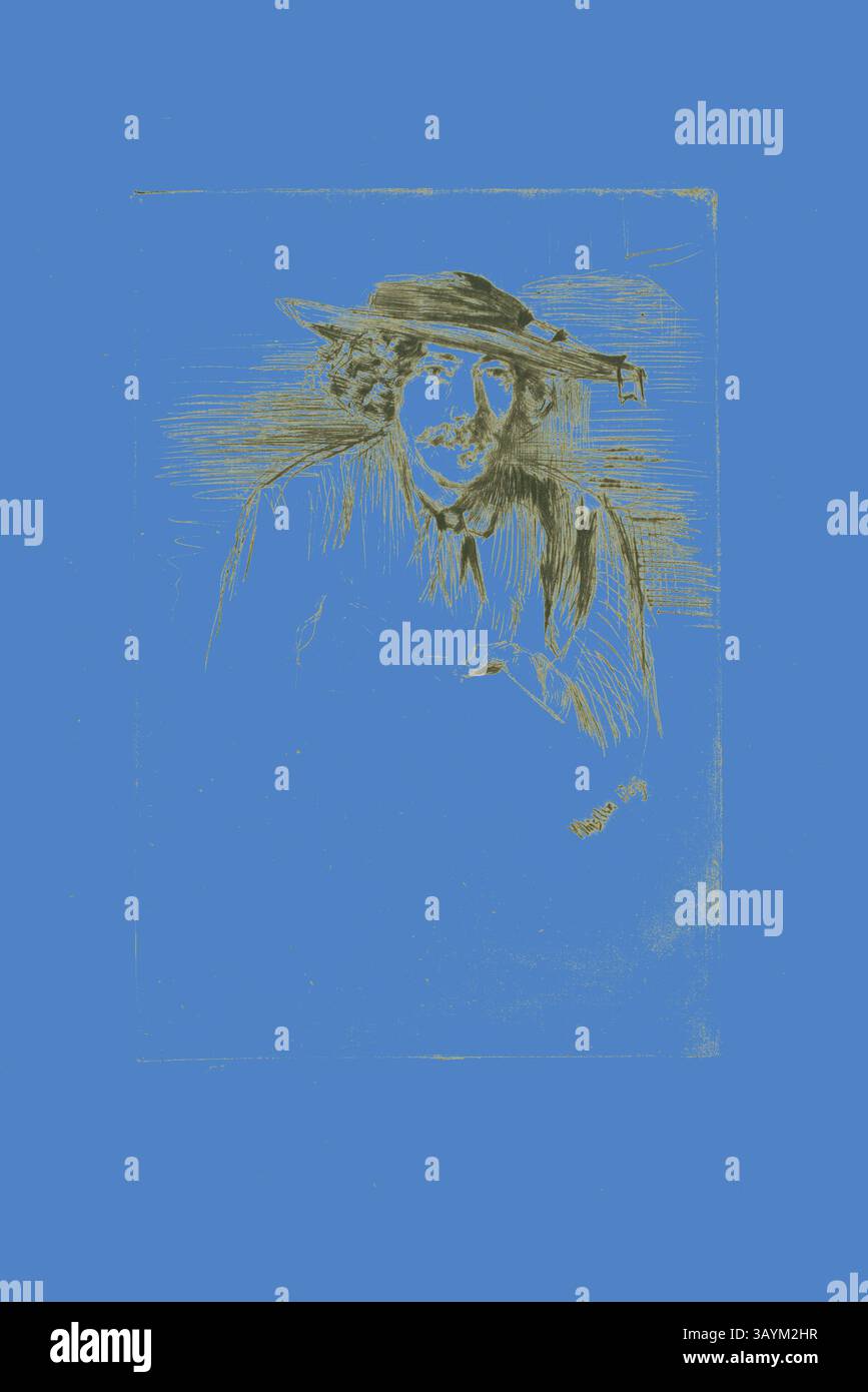 Viene raffigurato un uomo che indossa un cappello a tesa larga, con un'espressione che suggerisce contemplazione o introspezione. È circondato da tratti testurizzati che creano uno sfondo dinamico, enfatizzando la sua figura e aggiungendo un senso di profondità alla scena. Whistler With a Hat, 1859, James McNeill Whistler, americano, 1834-1903, Stati Uniti, Drypoint in inchiostro nero su carta panna posata scolorita a buff, 225 x 151 mm (piatto), 306 x 207 mm (foglio) Arte classica con un tocco moderno reinventata da Artotop Foto Stock
