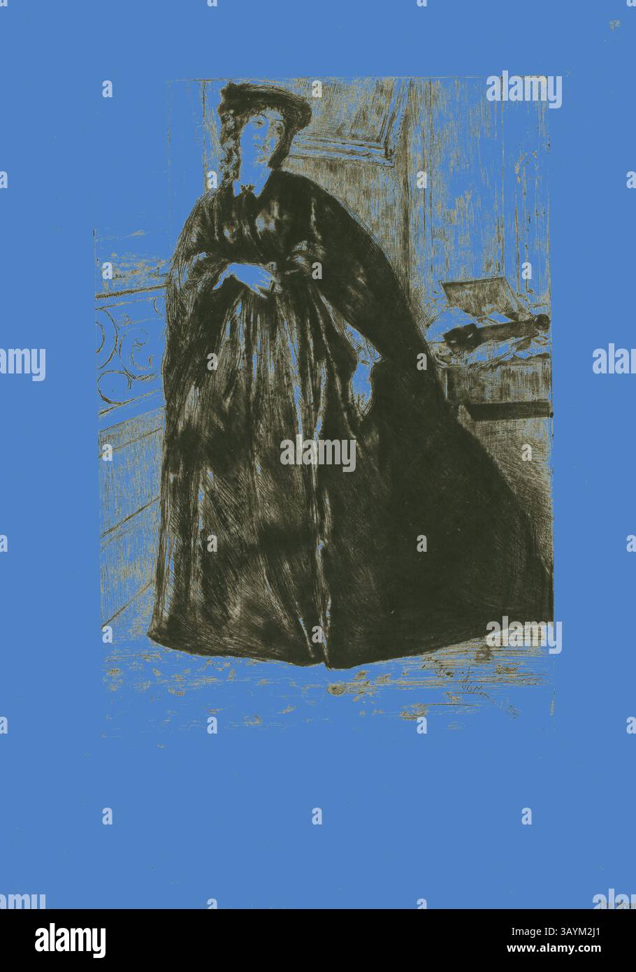 Una figura vestita con un elaborato mantello scuro sorge vicino a una finestra, trasuda un senso di eleganza e mistero. L'ambiente circostante richiama una stanza con dettagli artistici, creando un'atmosfera accattivante. Finette, 1859 anni, James McNeill Whistler, americano, 1834-1903, Stati Uniti, Etching e drypoint in nero su carta giapponese avorio, 290 x 201 mm (immagine/piastra), 386 x 264 mm (foglio) Arte classica con un tocco moderno reinventata da Artotop Foto Stock