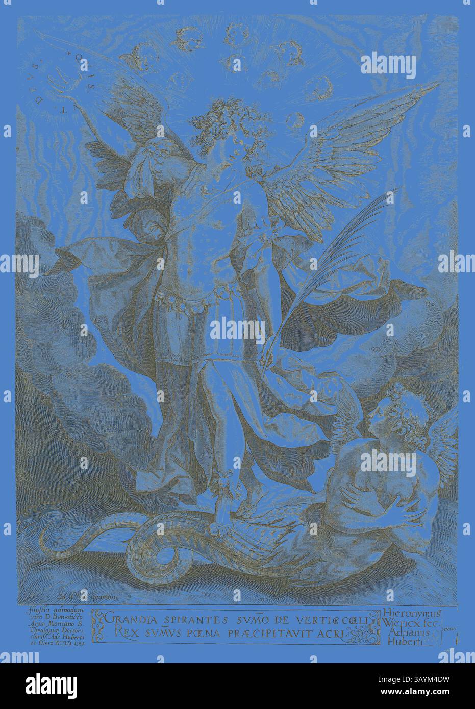 Una figura celeste con ali maestose si erge trionfalmente su un serpente sconfitto, reggendo una spada e uno scudo, incarnando temi di vittoria e giustizia divina. Il design dettagliato ed elaborato include simboli di potenza e forza, che trasmettono un senso di trionfo di fronte al male. San Michele trionfò sul drago, 1584, Jerome Wierix (fiammingo, 1553-1619), dopo Martin de Vos (fiammingo, 1532-1603), Fiandre, incisione in nero su carta posata avorio, 291 x 202 mm (immagine/piatto), 300 x 214 mm (foglio) Arte classica con un tocco moderno reimmaginato da Artotop Foto Stock