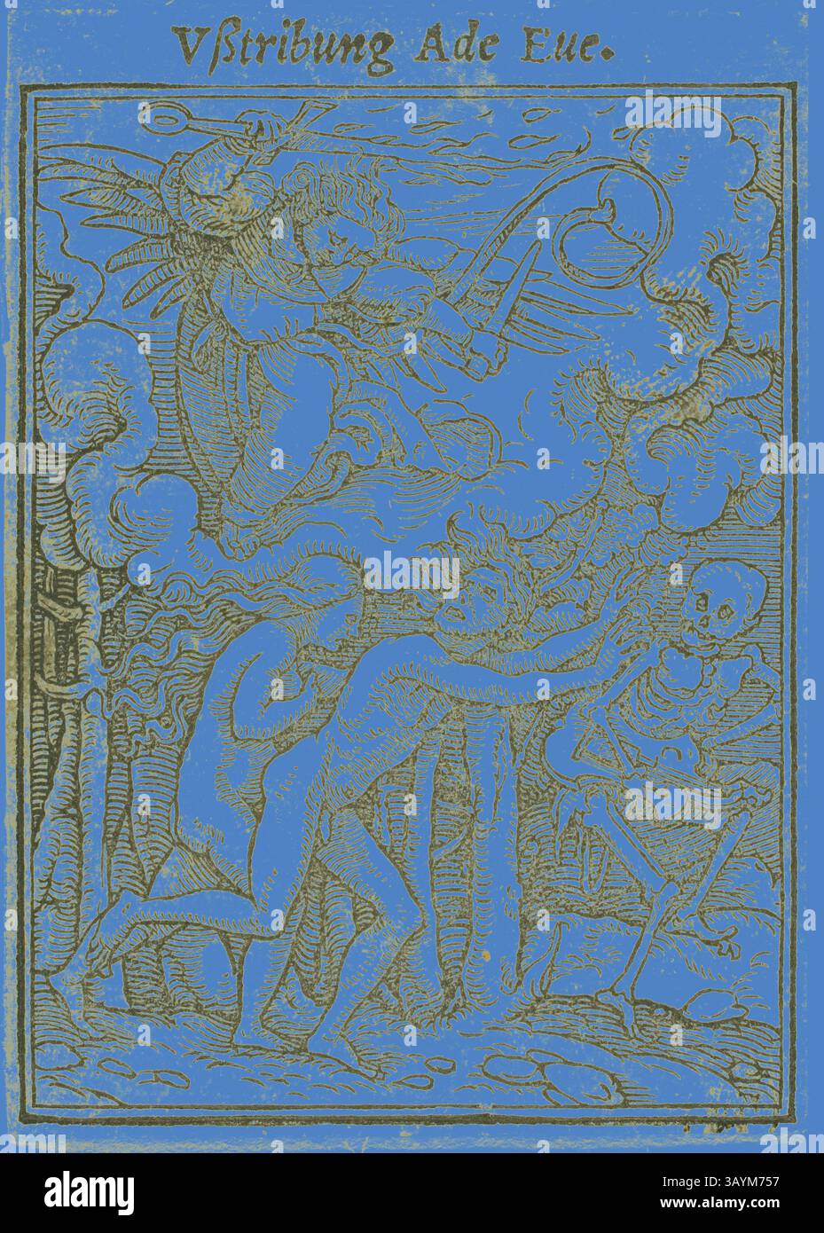 Una rappresentazione stravagante di esseri celesti e figure umane che interagiscono, sullo sfondo di nuvole vorticose. La scena presenta una figura scheletrica, che simboleggia la mortalità, mentre le figure eteree sembrano ispirare o guidare le anime sottostanti. La composizione cattura una miscela di fantasia e temi esistenziali, invitando la contemplazione sulla vita e la morte. Adamo ed Eva scacciati dal Paradiso, n.d., Hans Holbein, il giovane, tedesco, 1497-1543, Germania, Woodcut su carta, 66 x 49 mm Arte classica con un tocco moderno reinventata da Artotop Foto Stock