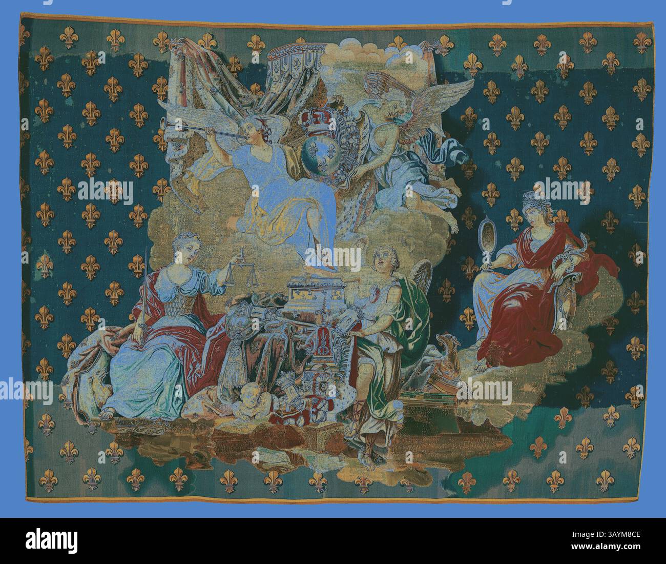 Un arazzo ornato con figure allegoriche, tra cui una donna seduta che tiene uno specchio, fiancheggiata da due compagni impegnati in varie attività. Lo sfondo è decorato con motivi floreali ripetuti, che aggiungono profondità ed eleganza alla scena. Chancellerie, 1718/20, presumibilmente dopo un cartone animato di Jacques Vigoureux Duplessis (francese, 1670/75–1732), presumibilmente tessuto alla Manufacture Royale de Beauvais sotto la direzione di Pierre e Etienne Filleul (francese, codirettori 1711-22), Francia, presumibilmente Beauvais, Francia, lana e seta, a fessura e doppio intreccio di arazzi, 369 x 281,8 cm ( Foto Stock