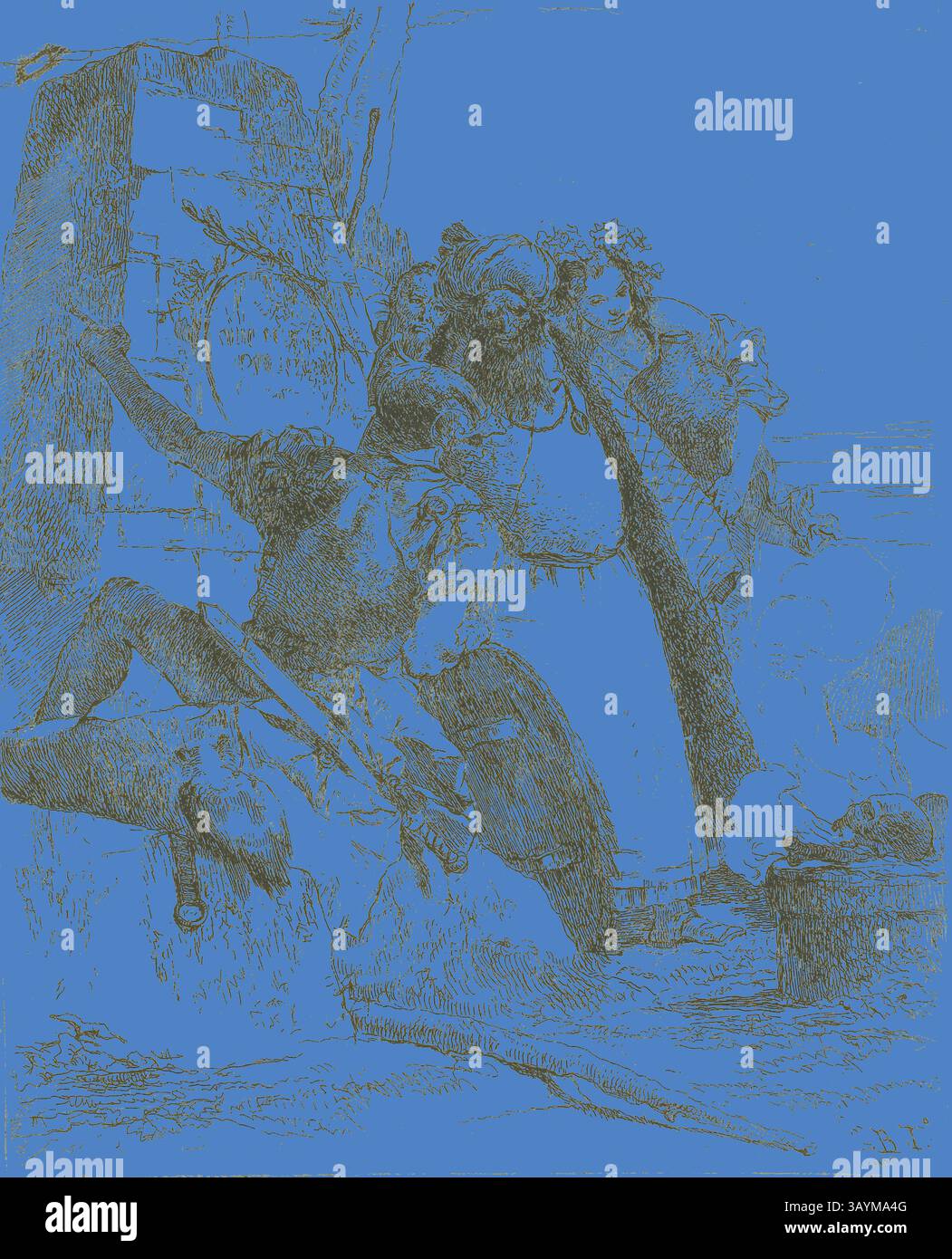 Una scena drammatica che ritrae i personaggi in un'interazione tesa, sullo sfondo di un terreno accidentato. Una figura sembra avvicinarsi ad un'altra, evocando un senso di urgenza e dramma. I dettagli intricati dei loro abiti e delle loro espressioni suggeriscono una narrazione piena di emozioni e azione. Un mago, Un soldato, e tre figure che guardano un teschio ardente, da scherzi, 1735–40, Giambattista tiepolo, italiano, 1696-1770, Italia, incisione stampata in nero su carta, 222 x 178 mm (piastra), 398 x 271 mm (foglio) Arte classica con un tocco moderno reinventata da Artotop Foto Stock