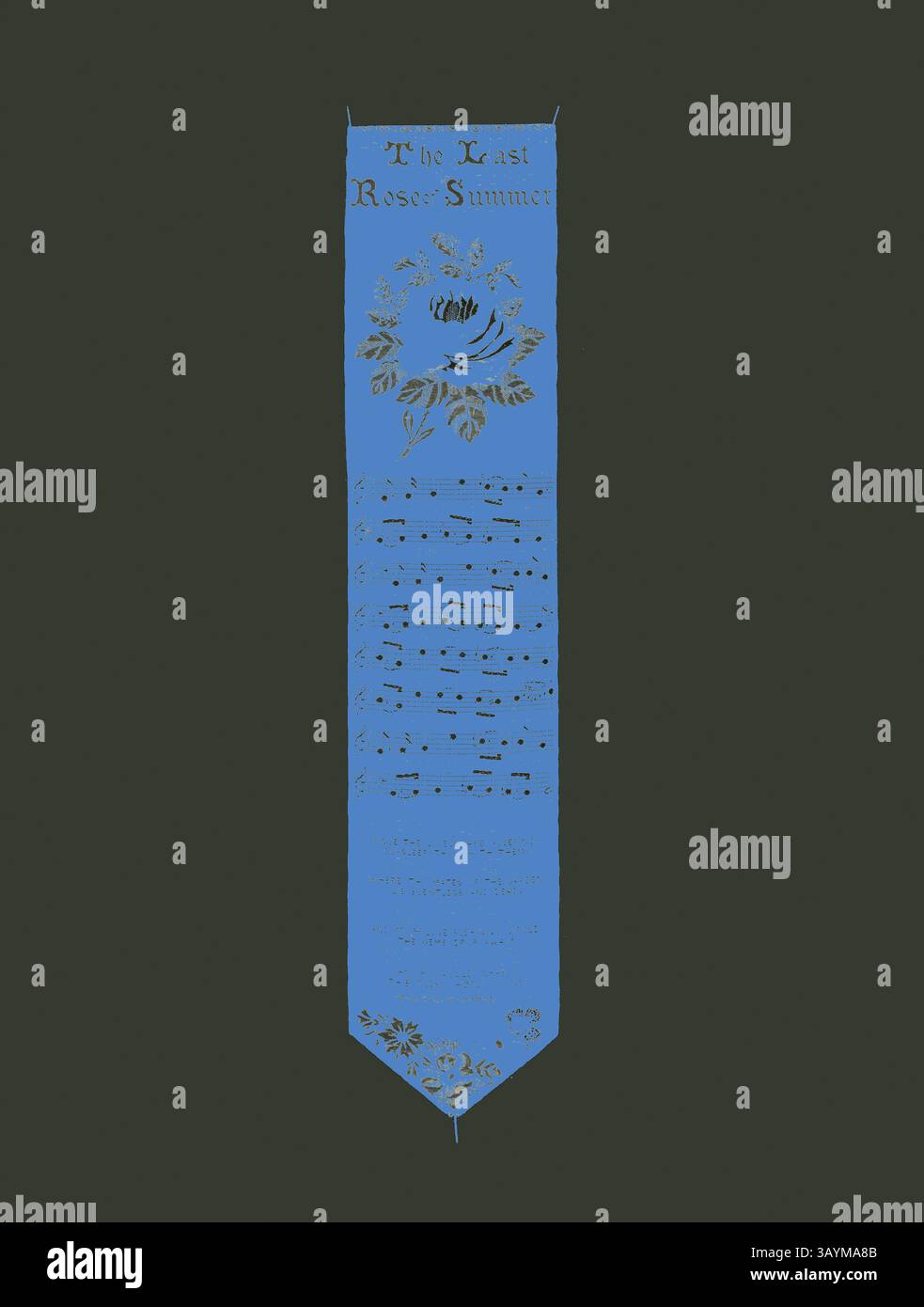Uno striscione blu decorato presenta il titolo "l'ultima rosa dell'estate" insieme a una partitura musicale e delicate illustrazioni floreali, creando un elegante tributo a una melodia classica. The Last Rose of Summer (Bookmark), 1871, Thomas Stevens, inglese (1828-1888), Inghilterra, Coventry, Coventry, seta, stoffa liscia, arte classica broccata con un tocco moderno reinterpretato da Artotop Foto Stock