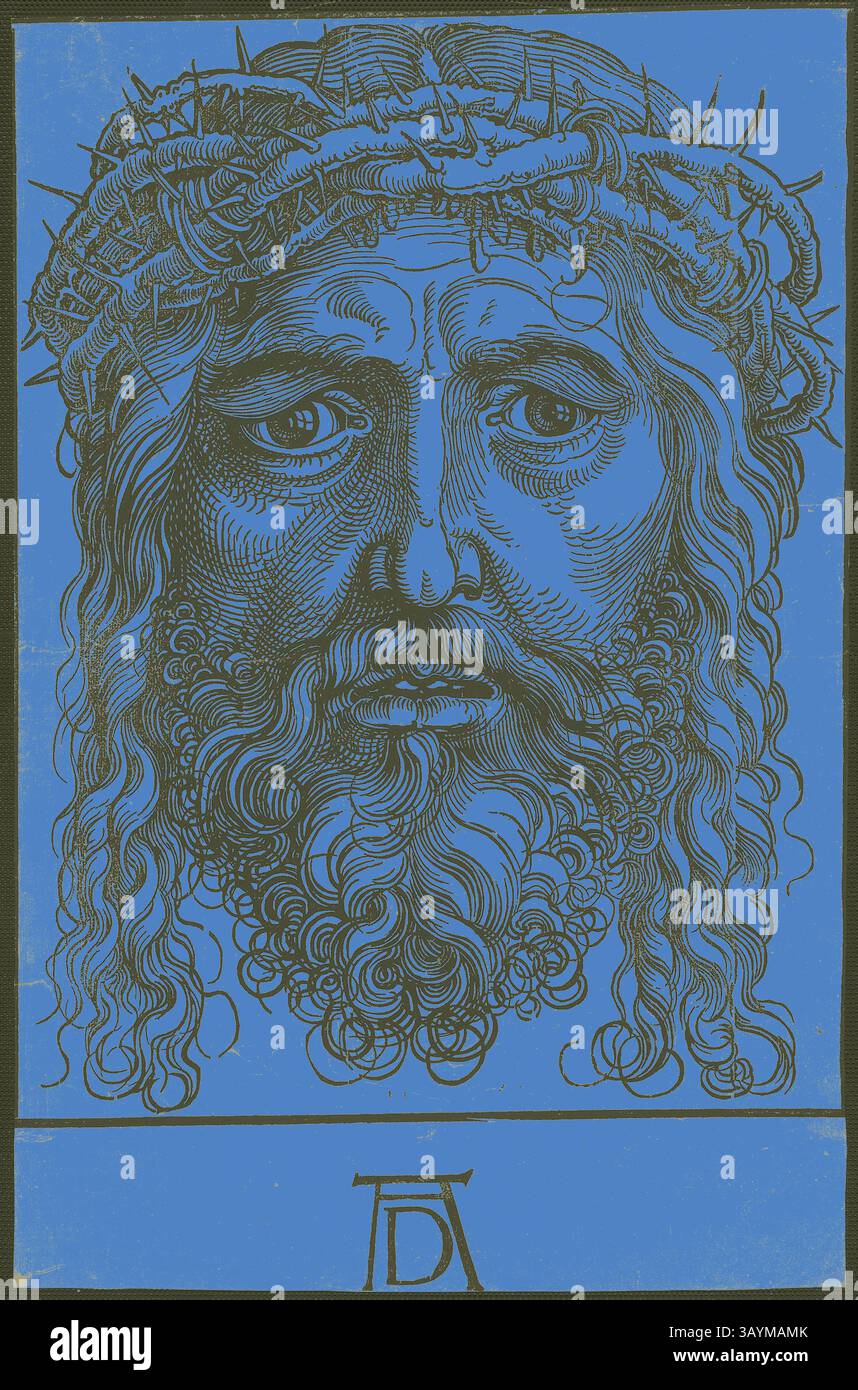 Una rappresentazione solenne e dettagliata di un volto con una corona di spine, che trasmette un profondo senso di dolore e contemplazione, evidenziato da capelli che scorrono e occhi penetranti. Lo sfondo circostante migliora l'impatto emotivo dell'espressione. Testa di Cristo incoronata con spine, c. 1535, Sebald Beham, tedesco, 1500-1550, Germania, Woodcut in nero su carta panna posata, 427 x 322 mm (blocco), 493 x 322 mm (foglio) Arte classica con un tocco moderno reinventata da Artotop Foto Stock