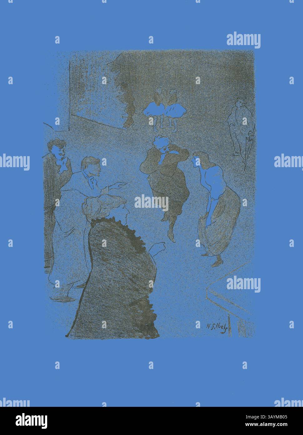 Una scena stilizzata cattura le figure coinvolte nella conversazione e nel movimento, mescolando eleganza e dinamismo. La composizione presenta un mix di stili di abbigliamento, che accennano a un raduno che riecheggia un senso di nostalgia e interazione sociale. L'uso di colori contrastanti enfatizza l'atmosfera emotiva del momento. Emilienne d’Alenco prova al Folies-Bergère, da le Café-Concert, 1893, Henri-Gabriel Ibels (francese, 1867-1936), stampato da Edward Ancourt & Cie (francese, XIX-XX secolo), pubblicato da l'Estampe originale (francese, 1893-1895), Francia, litografia su carta tessuta crema, 309 Foto Stock