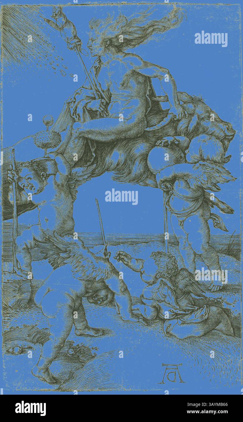 Una scena dinamica che raffigura una figura potente che cavalca una creatura mitologica, circondata da figure cherubiche impegnate in varie attività, mostrando temi di forza e influenza divina in mezzo a un paesaggio fantastico. Witch Riding Backwards on a Goat, 1500/02, Albrecht Dürer, tedesco, 1471-1528, Germania, incisione in nero su carta posato avorio, 115 x 72 mm (immagine/foglio) Arte classica con un tocco moderno reinventata da Artotop Foto Stock