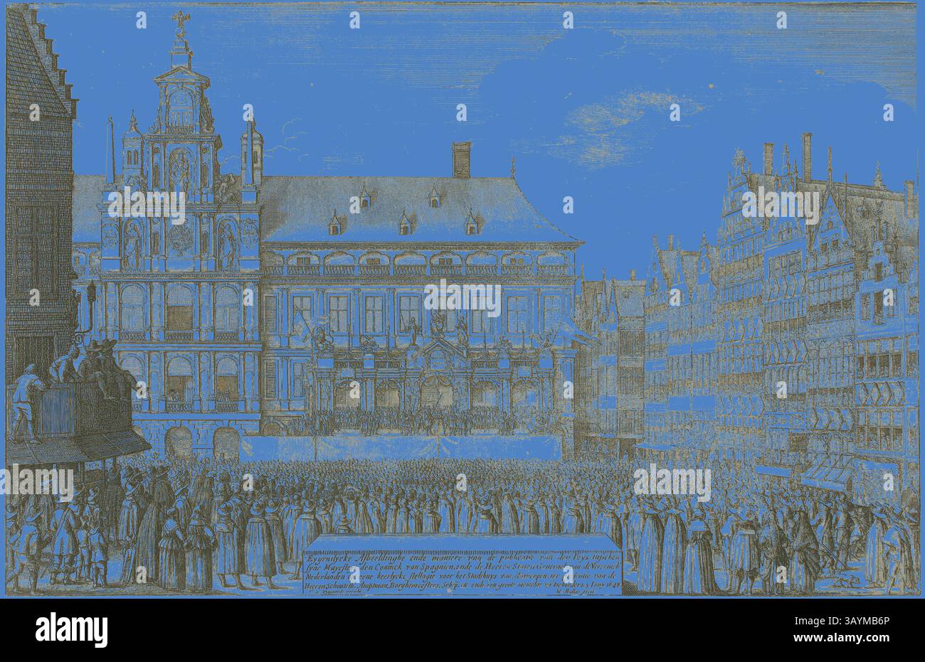 Una scena storica che raffigura una grande folla riunita di fronte a un edificio ornato, forse un governo o una struttura civica, con figure in abbigliamento formale. L'architettura circostante presenta disegni intricati che mostrano la grandezza del periodo. L'atmosfera suggerisce un evento significativo o una celebrazione che si svolge in un vivace ambiente urbano. Proclamazione del trattato di Münster, 1648, Wenceslaus Hollar, ceco, 1607-1677, Boemia, incisione e incisione su carta posato avorio, 215 x 331 mm (immagine/foglio) Arte classica con un tocco moderno reinventata da Artotop Foto Stock