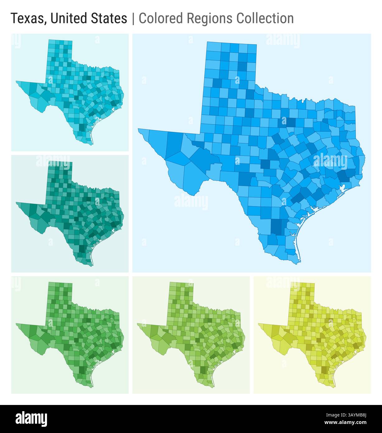 Texas, Stati Uniti. Raccolta mappe. Stato forma. Contee colorate. Azzurro, ciano, verde, verde chiaro, tavolozze di colori lime. Illustrazione Vettoriale