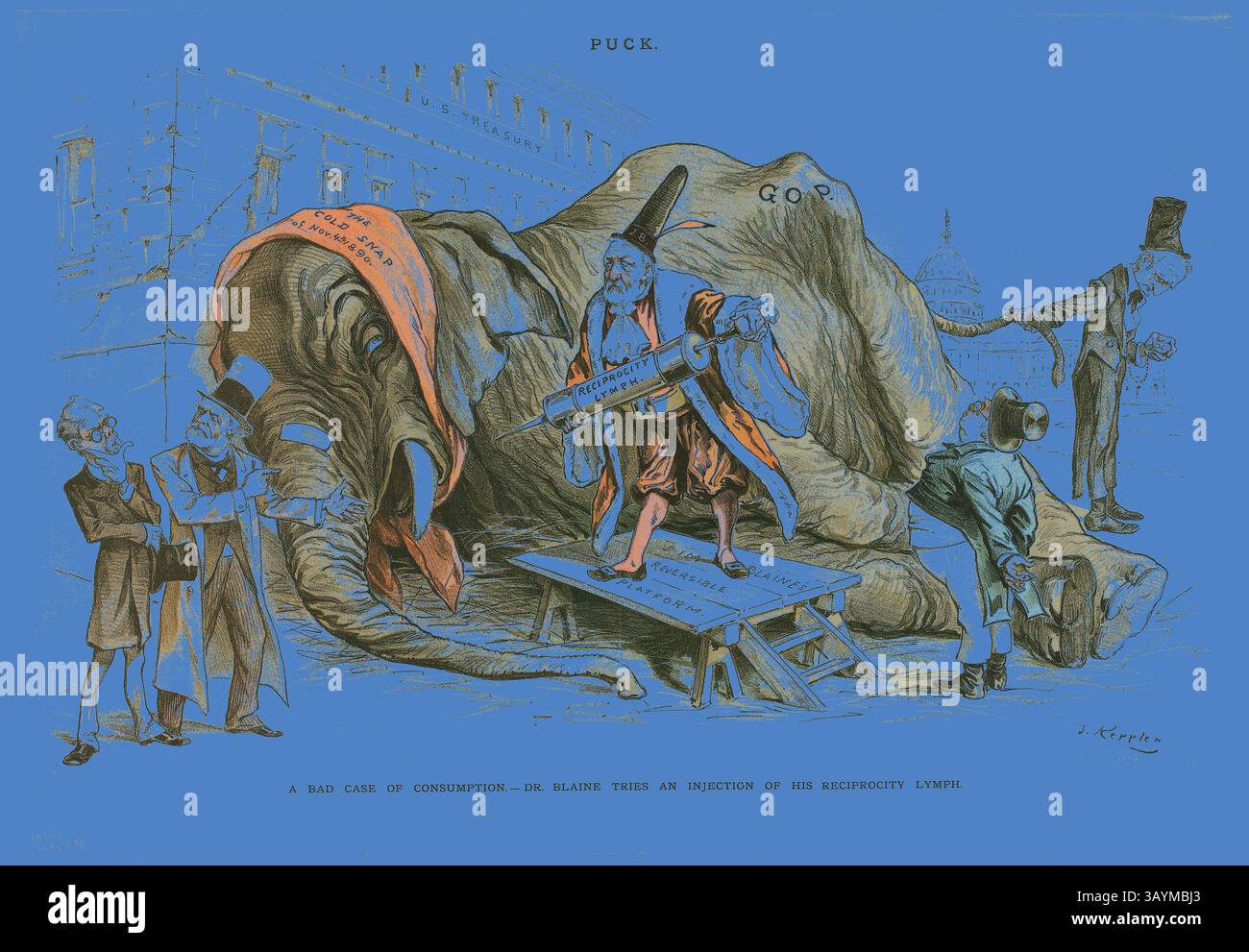 Una scena satirica raffigura una figura in un cappello a cappello in piedi su una piattaforma, con una grande siringa sopra un enorme elefante etichettato "GOP". Intorno a lui ci sono vari personaggi che osservano lo spettacolo, trasmettendo un messaggio sulle lotte o le sfide politiche. Lo sfondo presenta un blu vibrante che esalta l'atmosfera drammatica dell'illustrazione. Un cattivo caso di consumo, da Puck, 1890, Joseph Keppler, americano, 1838-1894, Stati Uniti, litografia a colori su carta da giornale, 345 x 505 mm Arte classica con un tocco moderno reinventata da Artotop Foto Stock