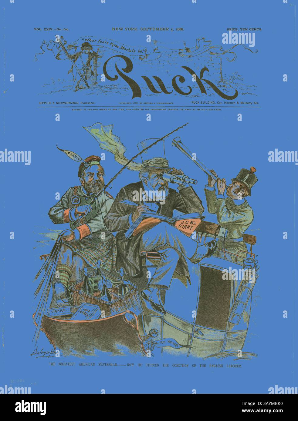 Un'illustrazione satirica con un gruppo di uomini impegnati in un vivace dibattito, circondato da vari oggetti di scena che simboleggiano temi politici e questioni di lavoro. La figura centrale, adornata con cappello e tuta, colpisce una posizione dominante, mentre altri gestiscono in modo espressivo, mettendo in evidenza le tensioni dell'epoca. Lo sfondo include elementi fantasiosi e branding che si aggiungono al tono stravagante ma critico della scena. The Great American Statesman, Puck, pubblicato il 5 settembre 1883, Louis Dalrymple, American, 1865-1905, Stati Uniti, litografia a colori su carta da giornale, 353 x 267 mm, The Last Bather Foto Stock