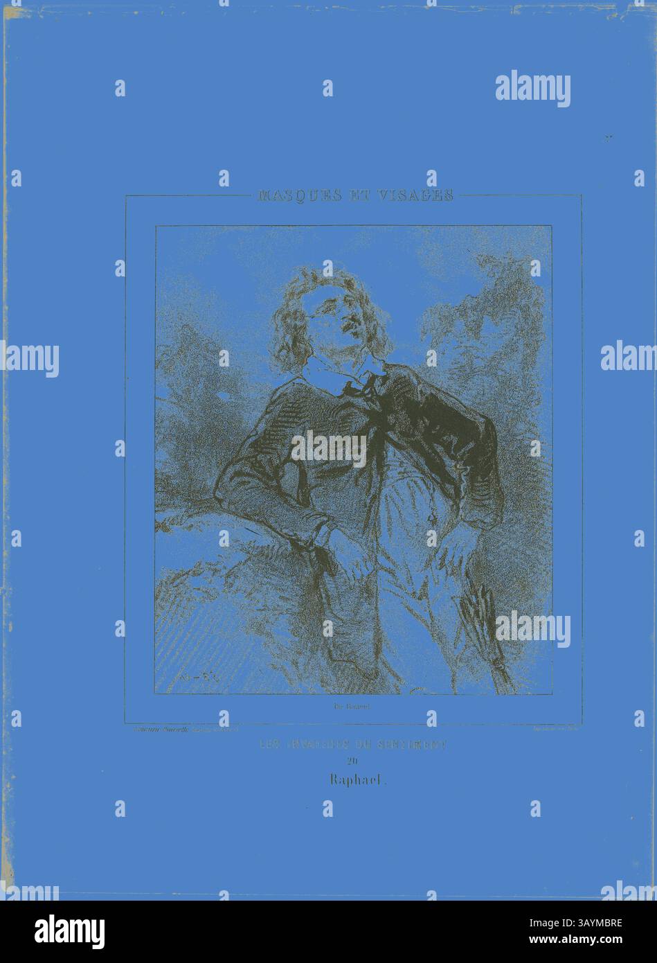 Una figura premurosa si erge in una posa contemplativa, guardando in lontananza. Lo sfondo circostante enfatizza l'umore, migliorando il comportamento introspettivo del personaggio. Il titolo e il nome dell'artista sono esposti in modo prominente, incorniciando la scena. Les Invalides du Sentiment: Raphael, 1853, Paul Gavarni, francese, 1804-1866, Francia, litografia in nero su carta intrecciata color crema, 219 x 188 mm (immagine), 364 x 268 mm (foglio) Arte classica con un tocco moderno reinventata da Artotop Foto Stock