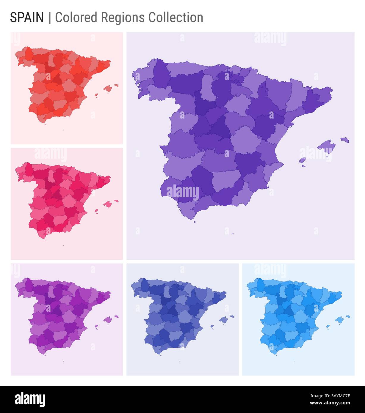 Collezione di mappe per la Spagna. Forma del paese con regioni colorate. Viola intenso, rosso, rosa, viola, indaco, tavolozze di colore blu. Illustrazione Vettoriale