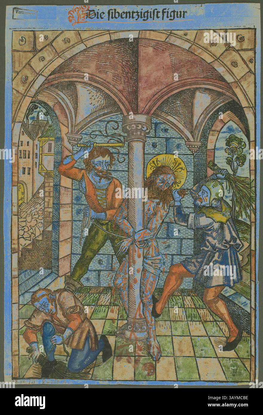 Una scena storica che raffigura un momento di intenso conflitto e sofferenza, con figure in abbigliamento medievale che circondano un personaggio centrale che sembra essere sottoposto a punizione. Lo sfondo presenta un ambiente architettonico stilizzato, che aggiunge alla suggestiva atmosfera del tableau. The Scourging of Christ (verso), and the Israelites enslaved in Egypt (recto), from Schatzbehalter (Tesoro), Plate 21 from Woodcuts from Books of the XV Century, 1491, portfolio Assembled 1929, Michel Wolgemut (German, 1434/37–1519), stampato e pubblicato da Anton Koberger (tedesco, c. 1440/45–1513 Foto Stock