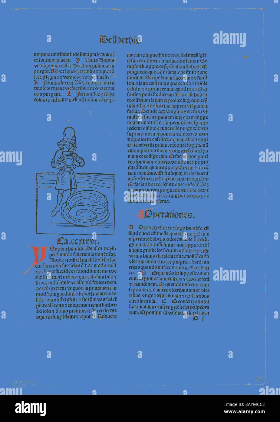Una pagina illustrata con un testo storico, accompagnata da un disegno blu dettagliato di una figura in piedi vicino all'acqua, impegnata in un'attività scientifica o matematica. Il testo elabora i concetti relativi alle operazioni, possibilmente all'interno di un contesto accademico o istruttivo. Uomo che purga il liquido dai polmoni (recto) e pianta per il dolore addominale (verso) dall'Hortus Sanitatis (Giardino della salute), piatto 35 da xilografie da libri del XV secolo, 1491, portafoglio assemblato 1929, artista sconosciuto (Mainz, fine XV secolo), stampato e pubblicato da Jakob Meydenbach (tedesco, attivo 1491–c.. 1495 Foto Stock