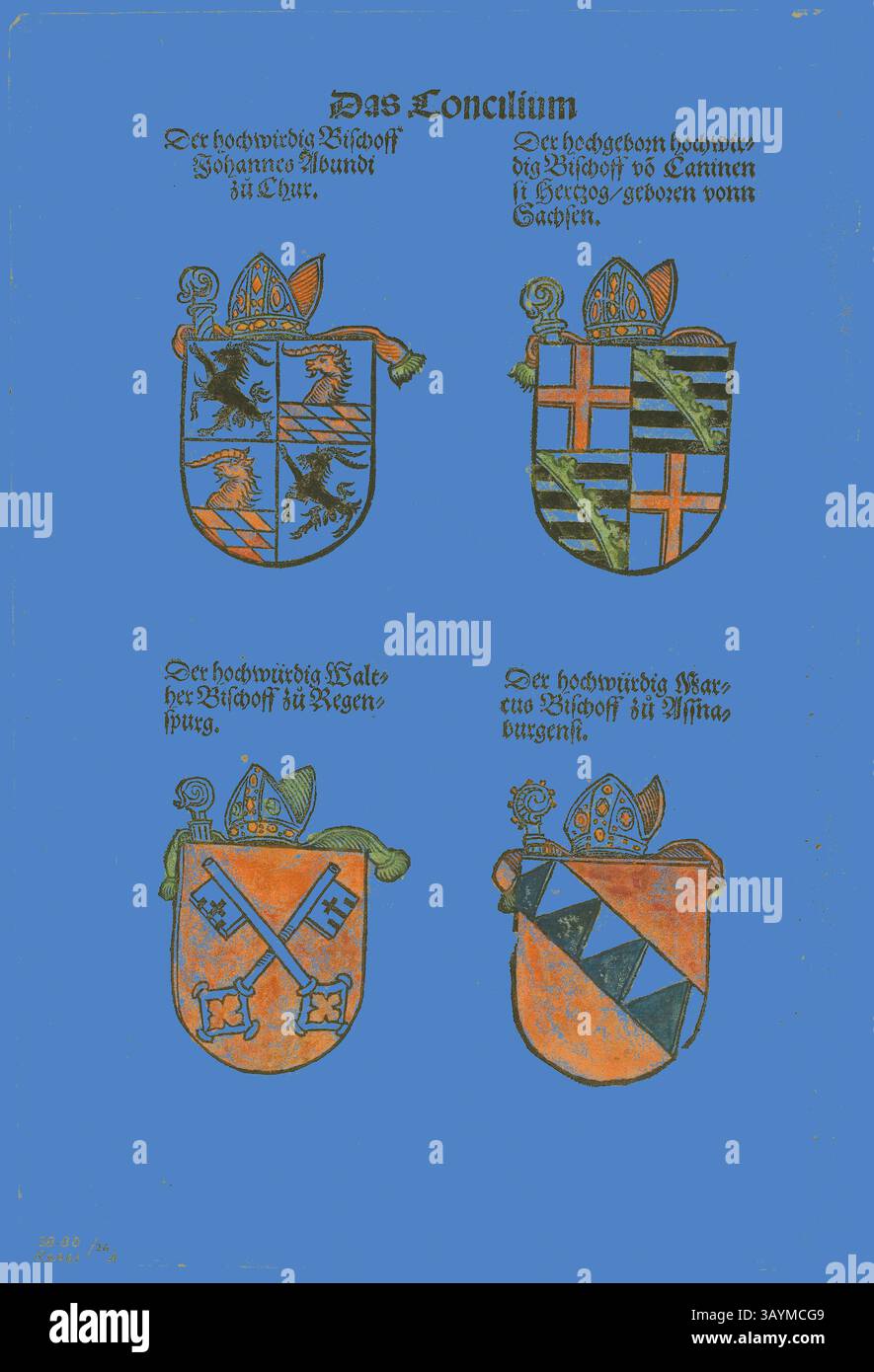 Una collezione di scudi araldici con disegni e simboli distinti che rappresentano vari vescovi, insieme al testo di accompagnamento in uno stile ornato. Gli schermi mostrano motivi e colori intricati, evidenziando elementi di importanza storica e identità. Stemmi dei Vescovi (recto e verso) da Das Concilium so zu Constantz, piatto 26 da xilografie di libri del XVI secolo, 1536, assemblato nel portafoglio 1937, Jörg Breu, i (tedesco, c.1480-1537), assemblato da Max Geisberg (svizzero, 1875-1943), Germania, xilografia colorata a mano su carta, 229 x 131 mm (immagini/te t, recto), 227 Foto Stock