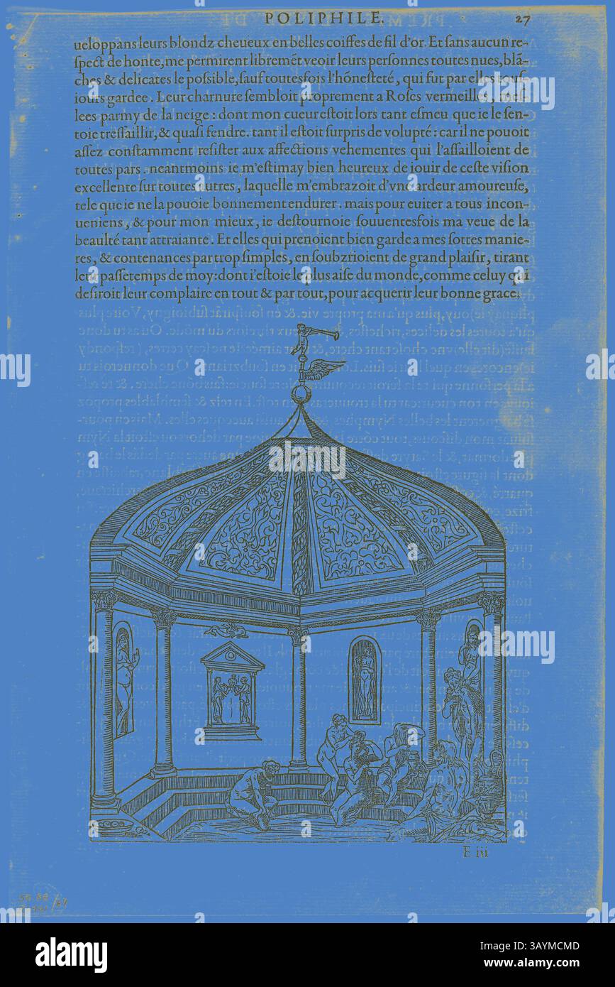 Un design architettonico illustrato in modo complesso presenta una struttura circolare con un tetto a cupola, circondato da figure impegnate nella conversazione. La scena cattura un mix di eleganza classica e cura artigianale dettagliata, impreziosita da elementi decorativi ornamentali. Il testo che circonda l'illustrazione suggerisce un contesto letterario o accademico. Bath House from Hyperotomachie ou discours du Son gede Poliphile, piatto 69 da xilografie di libri del XVI secolo, 1554, assemblato nel portafoglio 1937, Jean Goujon (francese, c.1510-c.1565), assemblato da Max Geisberg (svizzero, 1875-1943), Francia, Woodcut Foto Stock