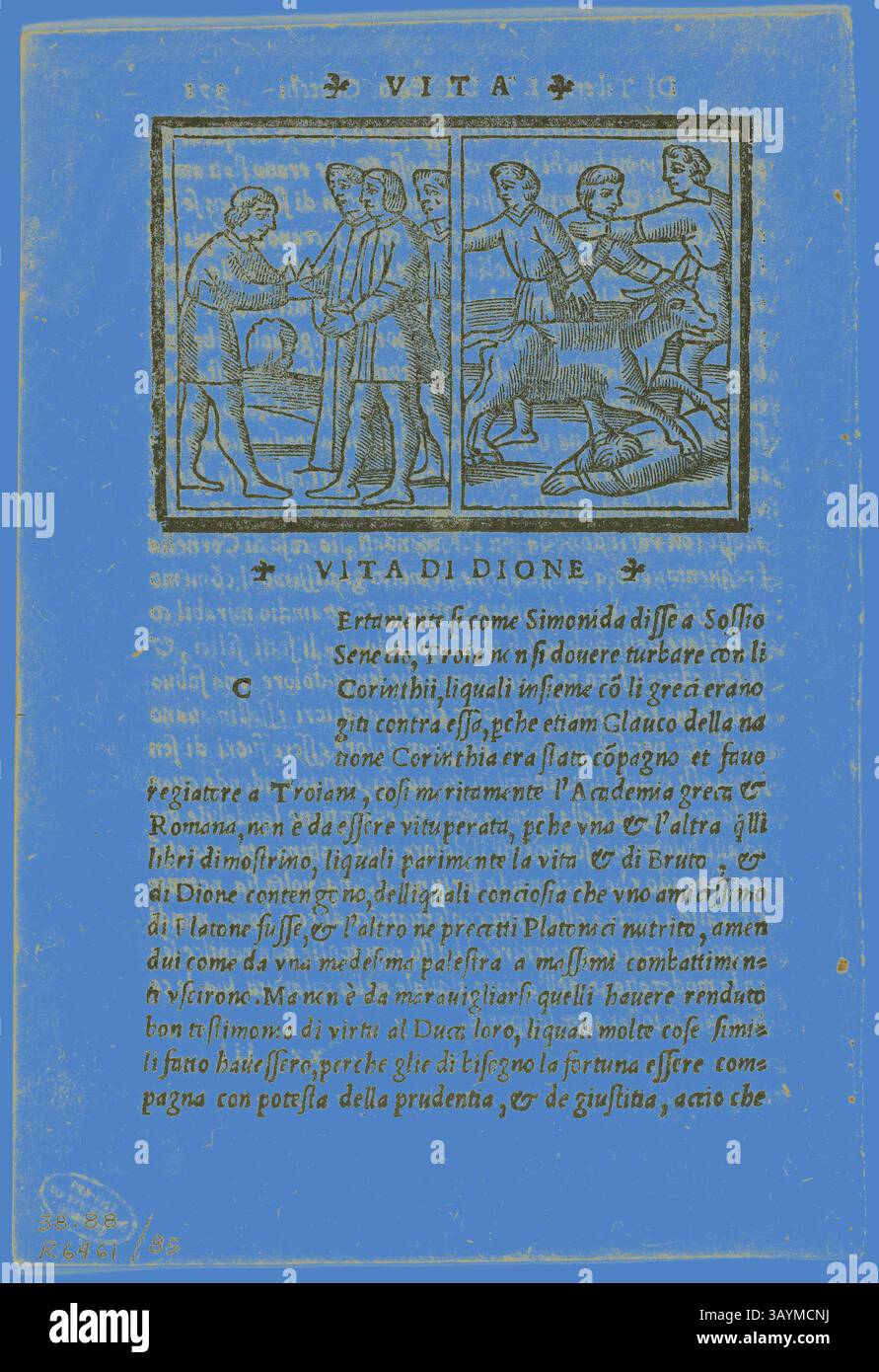 L'opera presenta due scene distinte che raffigurano una narrazione storica, con figure impegnate in azioni che suggeriscono una storia di conflitto o di risoluzione. Ad accompagnare le illustrazioni è presente un blocco di testo che delinea gli eventi, fornendo contesto e dettagli sui personaggi coinvolti. La composizione complessiva fonde elementi visivi e testuali per trasmettere il suo messaggio. Illustrazione alla vita di Dion da la seconda parte delle vite di Plutarcho di greco in latino & di latino in volgare tradotte, piatto 85 da xilografie di libri del XVI secolo, 1538, assemblato nel portafoglio 1937, sconosciuto Foto Stock