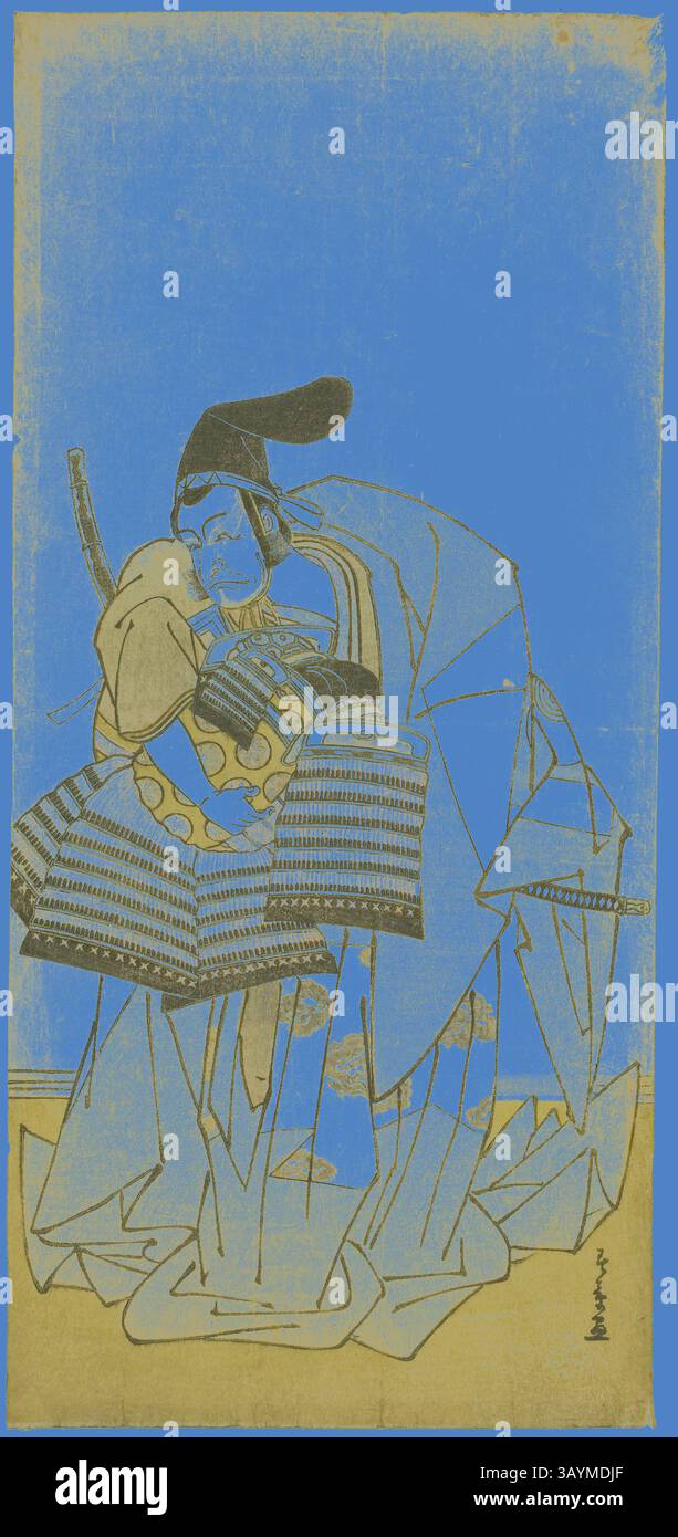 Un guerriero in abbigliamento tradizionale abbraccia una figura, catturando un momento di intimità ed emozione. I loro capi elaborati sfoggiano motivi intricati e un ricco contesto storico, mentre l'audace sfondo colorato ne esalta la composizione. L'attore Ichikawa Ebizo III nel ruolo di Kudo Saemon Suketsune nella commedia Kamuri Kotoba soga no Yukari, eseguita al Teatro Ichimura nel primo mese, 1776, c. 1776, Katsukawa Shunsho 勝川 春章, giapponese, 1726-1792, Giappone, colore xilografia, hosoban, 32,8 x 15,1 cm (12 15/16 x 5 15/16 poll.) Arte classica con un tocco moderno reinventata da Artotop Foto Stock