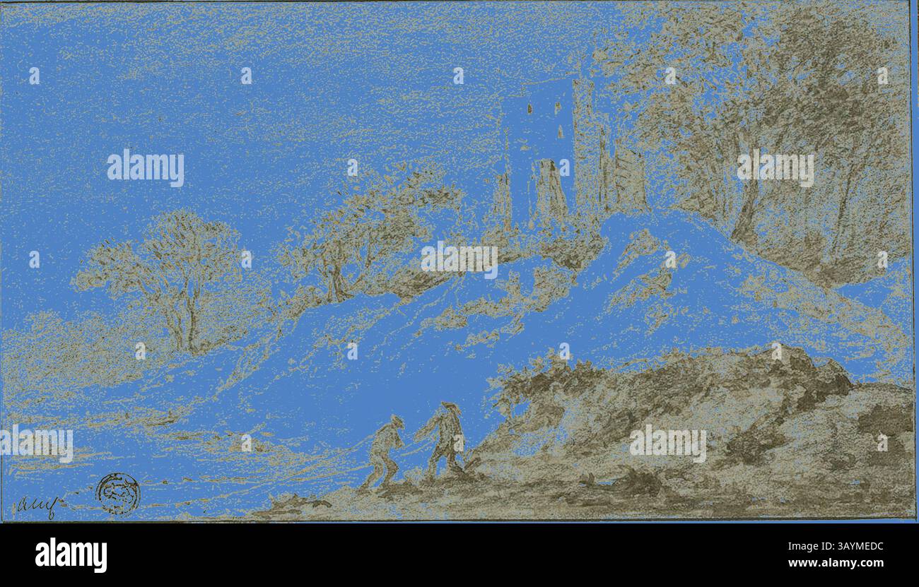 Un tranquillo paesaggio con due figure che attraversano un terreno accidentato, con una torre lontana parzialmente oscurata dagli alberi. La scena è caratterizzata da un impressionante cielo blu, che contrasta con i toni terrosi del terreno e del fogliame, evocando un senso di esplorazione e tranquillità. Paesaggio con due figure e Castello sulla collina, n.d., attribuito ad Allart van Everdingen, olandese, 1621-1675, Olanda, pennello e marrone lavati su gesso nero su carta blu posata, su carta, 120 x 210 mm Arte classica con un tocco moderno reinventata da Artotop Foto Stock Un tranquillo paesaggio con due figure che attraversano un terreno accidentato, con una torre lontana parzialmente oscurata dagli alberi. La scena è caratterizzata da un impressionante cielo blu, che contrasta con i toni terrosi del terreno e del fogliame, evocando un senso di esplorazione e tranquillità. Paesaggio con due figure e Castello sulla collina, n.d., attribuito ad Allart van Everdingen, olandese, 1621-1675, Olanda, pennello e marrone lavati su gesso nero su carta blu posata, su carta, 120 x 210 mm Arte classica con un tocco moderno reinventata da Artotop Foto Stock