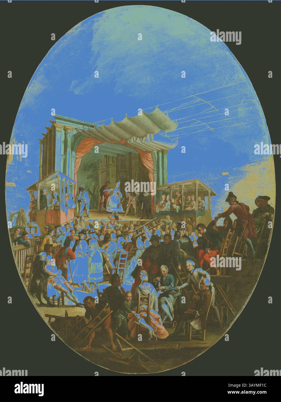 Una vivace scena teatrale piena di musicisti, attori e un pubblico impegnato, sullo sfondo di un elaborato design scenico. I personaggi in abiti storici si esibiscono, mentre gli spettatori reagiscono con interesse, creando una vibrante atmosfera di intrattenimento e apprezzamento artistico. An Italian Comedy in Verona, 1772, Marco Marcola, Italian, 1740–1793, Italia, olio su tela, 115,3 x 84,2 cm (45 3/8 x 32 5/8 poll.) Arte classica con un tocco moderno reinventata da Artotop Foto Stock