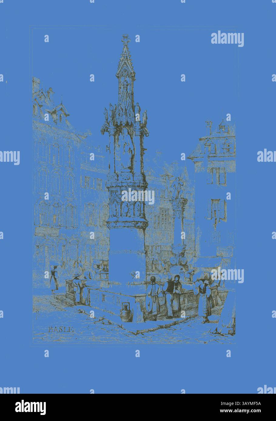 Una piazza storica piena di attività, caratterizzata da una fontana decorativa adornata da intricate sculture. Intorno alla fontana, le persone si impegnano nella conversazione mentre l'elegante architettura degli edifici vicini aggiunge fascino alla scena. Basle, 1833, Samuel Prout (inglese, 1783-1852), probabilmente stampato da Charles Joseph Hullmandel (inglese, 1789-1850), probabilmente pubblicato da Rudolph Ackermann (inglese, 1764-1834), Inghilterra, litografia in nero su chine grigiastro-avorio, posato su carta tessuta avorio, 290 x 425 mm (immagine), 310 x 445 mm (supporto primario), 345 x 500 mm (supporto secondario Foto Stock