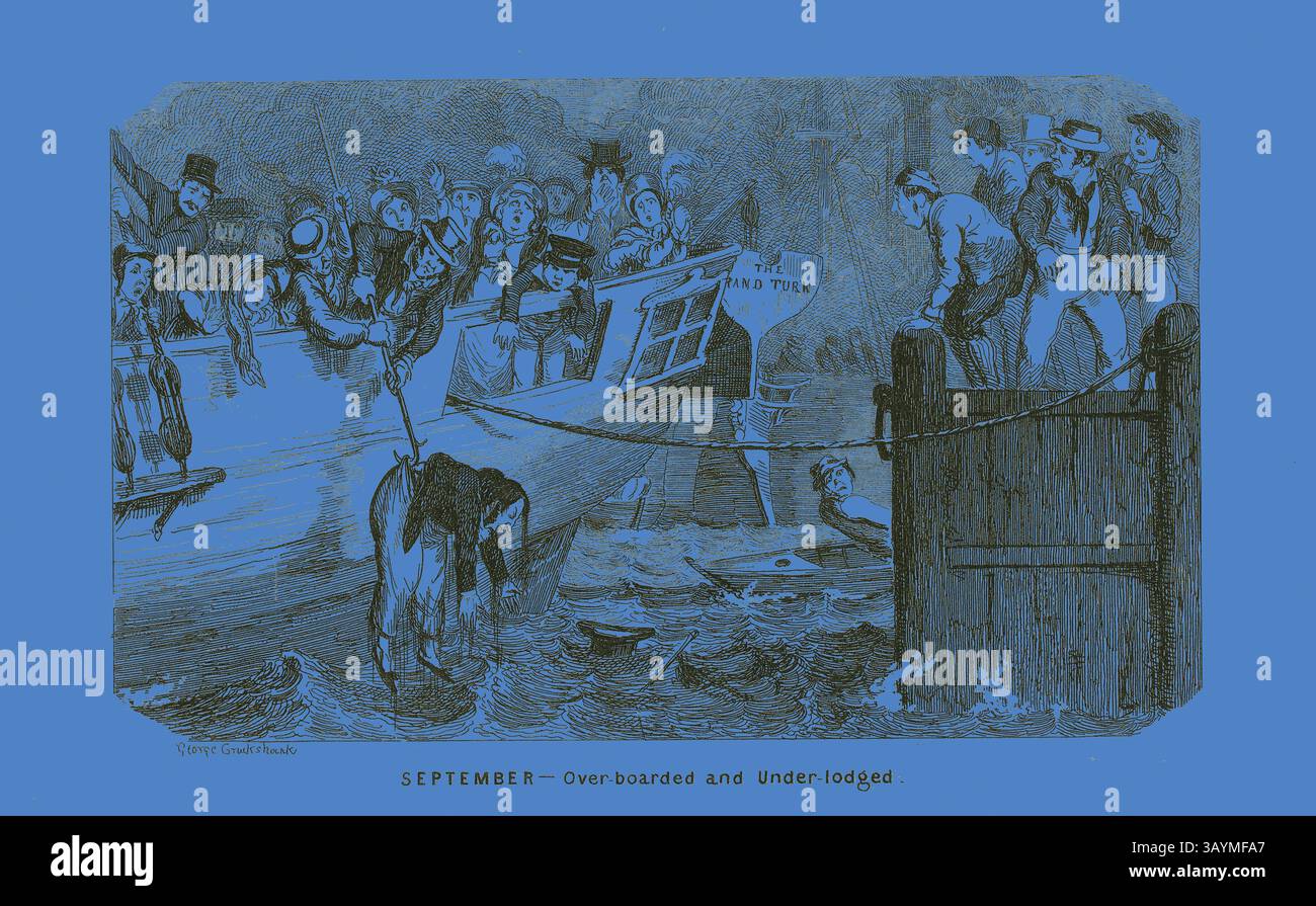 Una scena caotica si svolge mentre un gruppo di persone reagisce con ansia a un incidente che coinvolge un vaso che affonda. Alcuni osservatori da una barca vicina gridano e si avvicinano, mentre uno spettatore cerca di aiutare una figura in difficoltà nell'acqua, evidenziando un momento di urgenza e dramma. Lo sfondo suggerisce un contesto marittimo, sottolineando la tensione dell'evento di sviluppo. Settembre, trasbordo e sottorapposto da Steel Etchings to the Comic Almanacks di George Cruikshank: 1835-1853, 1840, stampato c. 1880, George Cruikshank (inglese, 1792-1878), pubblicato da Pickering & Chatto (inglese, XIX secolo), Inghilterra Foto Stock