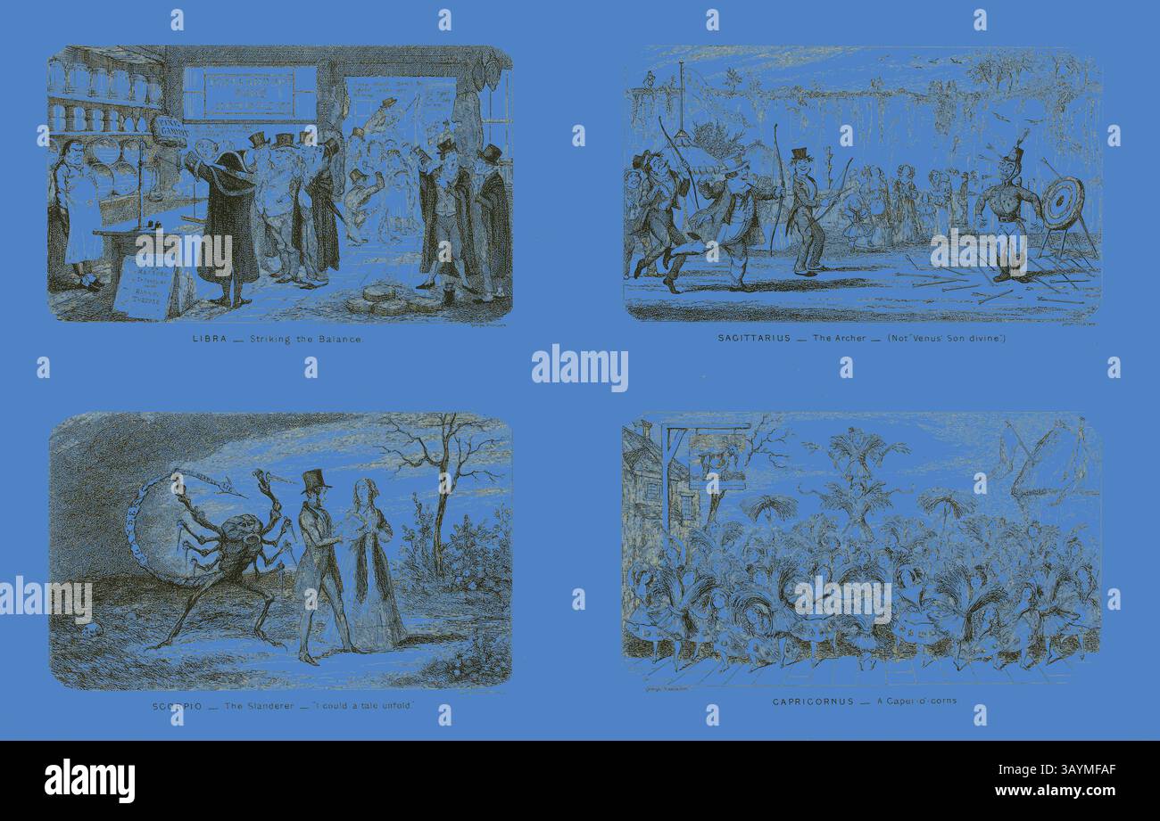 Quattro illustrazioni raffigurano diversi segni zodiacali: Bilancia bilancia, Sagittario con arco e freccia, Scorpione rappresentato da uno scorpione e Capricorno che mostra una capra che emerge dall'oceano. Ogni scena presenta personaggi ed elementi distinti che riflettono i tratti associati ai rispettivi segni. Libra, in equilibrio tra Steel Etchings di George Cruikshank e The Comic Almanacks: 1835-1853 (in alto a sinistra), 1846, stampato c. 1880, George Cruikshank (in inglese, 1792-1878), pubblicato da Pickering & Chatto (inglese, XIX secolo), Inghilterra, quattro incisioni in acciaio in nero su crema India Foto Stock