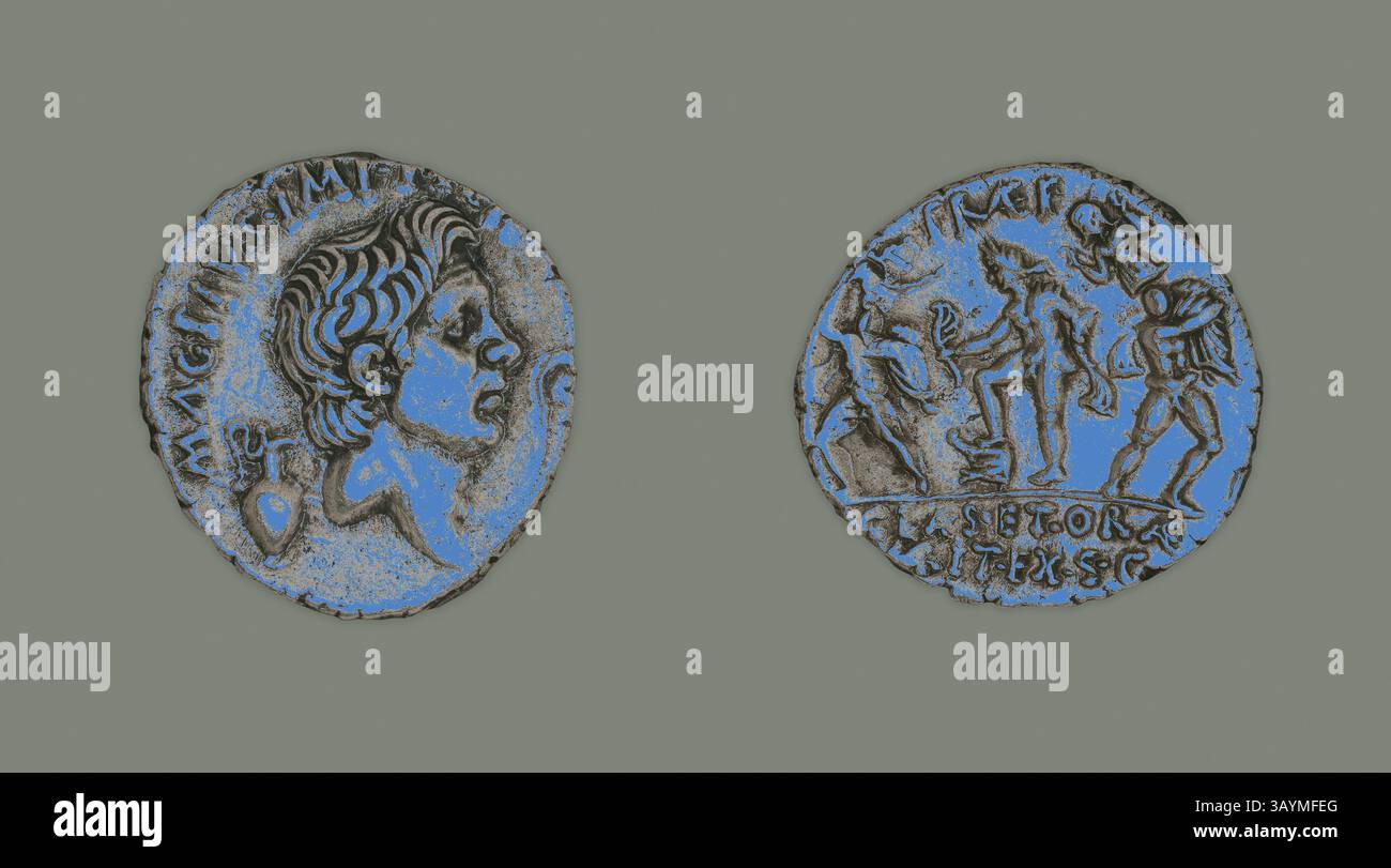 Un'antica moneta con un profilo di una figura su un lato, e una scena raffigurante due figure, una che forse rappresenta una divinità, sul retro. La moneta mostra dettagli intricati e iscrizioni che suggeriscono il suo significato storico. Denario (moneta) raffigurante Pompeo il grande, 42/40 a.C., emesso dalla Repubblica Romana, Sesto Pompeo Magno, romano, coniato in Sicilia, Sicilia, argento, Diam. Arte classica da 2 cm, 3,95 g con un tocco moderno reinventata da Artotop Foto Stock