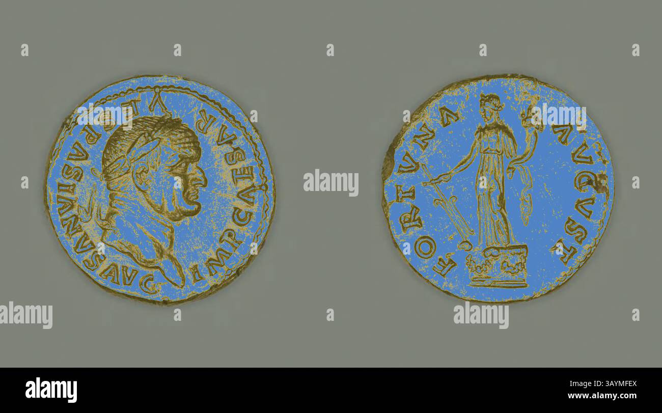 Un'antica moneta con il profilo di un imperatore romano su un lato e una raffigurazione della dea fortuna con una cornucopia e un timone sull'altro. Le iscrizioni forniscono un contesto storico circa la sua origine e significato. Aureus (moneta) raffigurante l'imperatore Vespasiano, 75/79, emesso da Vespasiano, romano, coniato a Roma, Roma, Oro, Diam. Arte classica da 2 cm, 7,37 g con un tocco moderno reinventata da Artotop Foto Stock